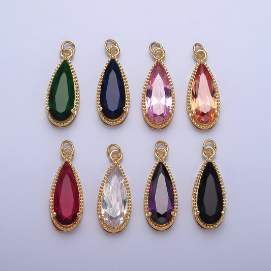 24K Gold Filled Long Slim Gemstones Teardrop Cubic Zirconia CZ Beaded-Edge Pendant Charm For Jewelry Necklace Making | X-050-X-057