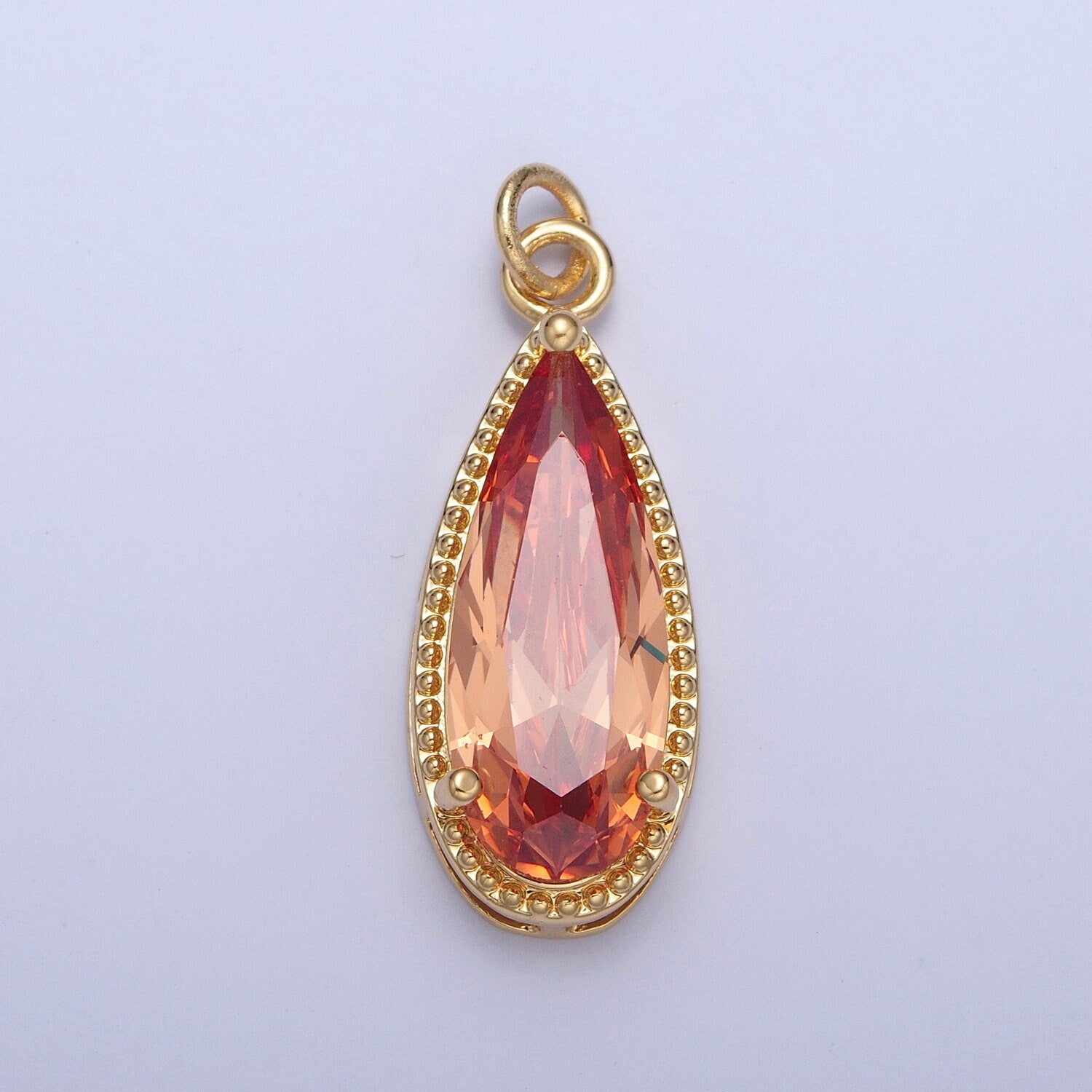 24K Gold Filled Long Slim Gemstones Teardrop Cubic Zirconia CZ Beaded-Edge Pendant Charm For Jewelry Necklace Making | X-050-X-057