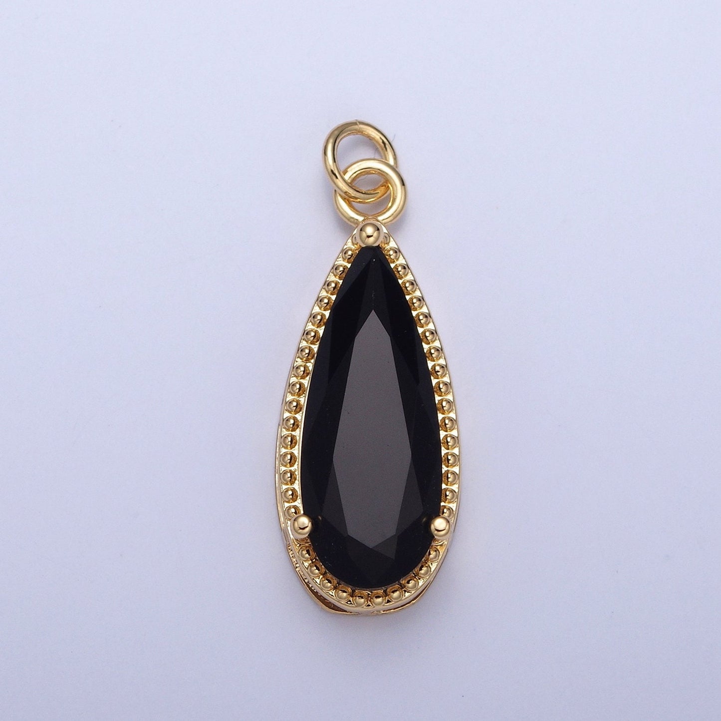 24K Gold Filled Long Slim Gemstones Teardrop Cubic Zirconia CZ Beaded-Edge Pendant Charm For Jewelry Necklace Making | X-050-X-057