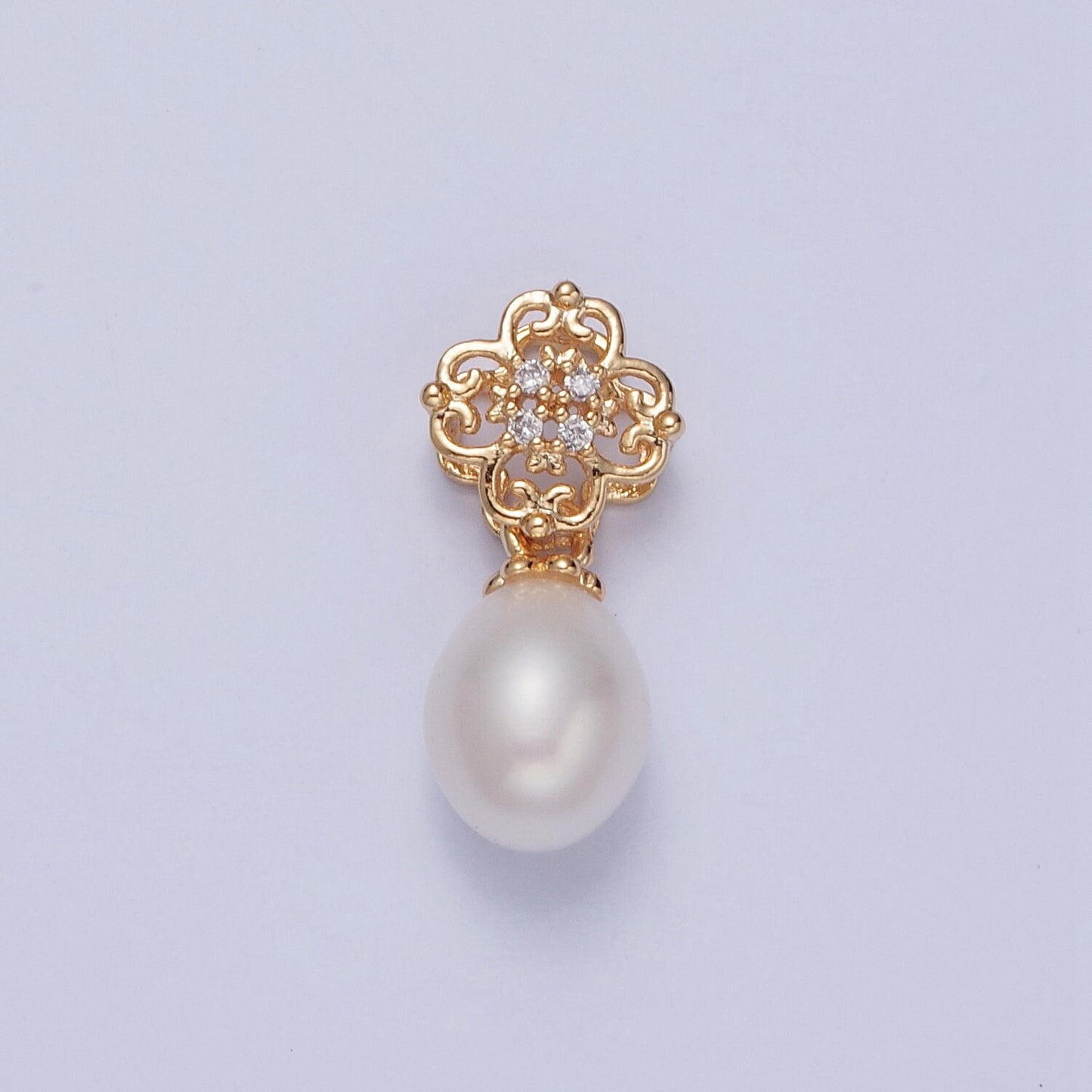Dainty Oval Round Pearl Vintage Elegant Royal Design Four-Leaf Clover Lucky Ball Pendant, Charm for Bracelet Necklace Component | H-402