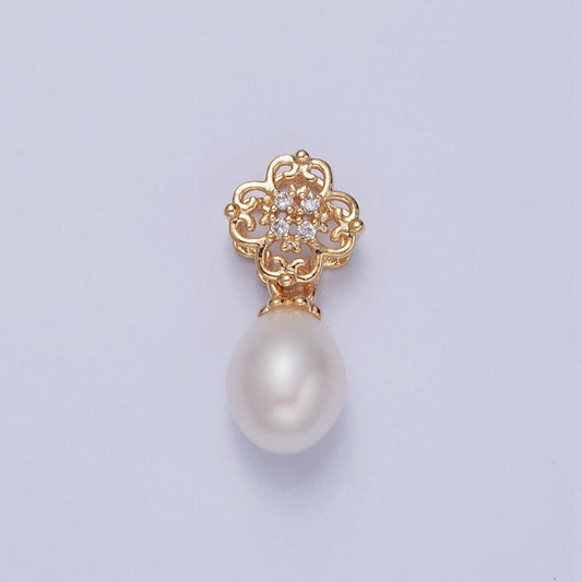 Dainty Oval Round Pearl Vintage Elegant Royal Design Four-Leaf Clover Lucky Ball Pendant, Charm for Bracelet Necklace Component | H-402