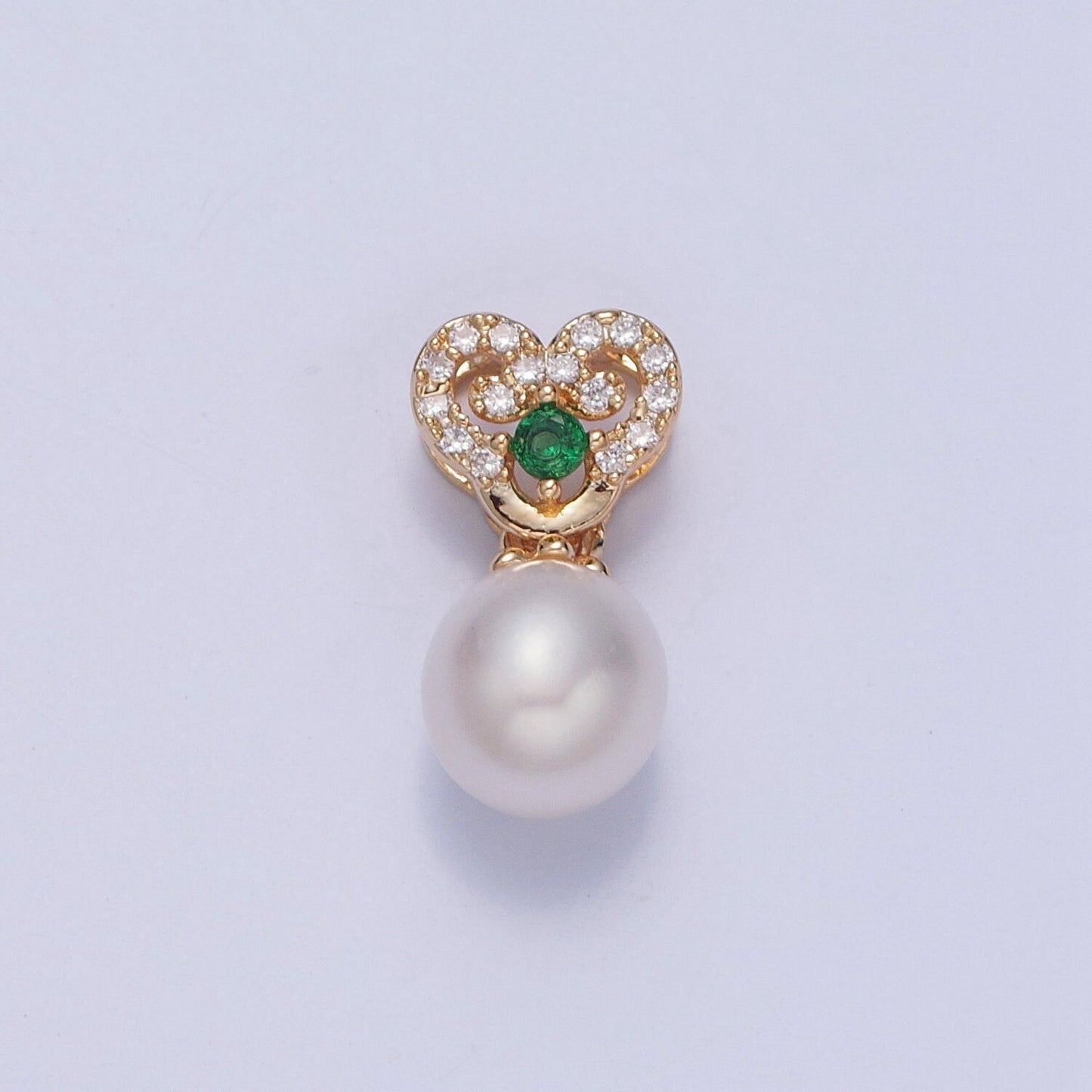 Dainty Round Pearl Elegant Royal Design Curled Heart Micro Pave CZ Emerald Green Eye Ball Charm for Bracelet Necklace Component | H-415