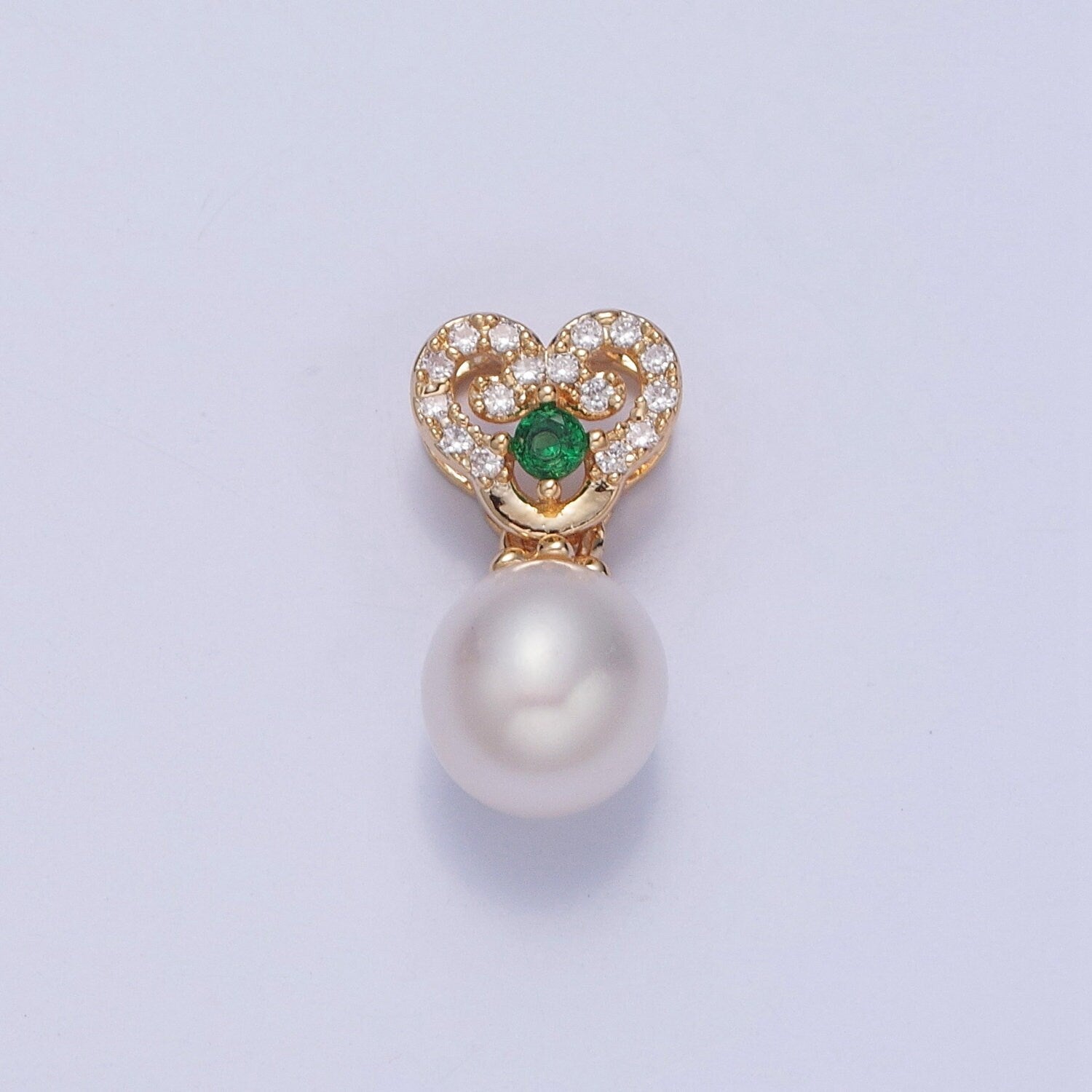 Dainty Round Pearl Elegant Royal Design Curled Heart Micro Pave CZ Emerald Green Eye Ball Charm for Bracelet Necklace Component | H-415