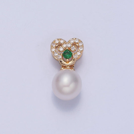 Dainty Round Pearl Elegant Royal Design Curled Heart Micro Pave CZ Emerald Green Eye Ball Charm for Bracelet Necklace Component | H-415