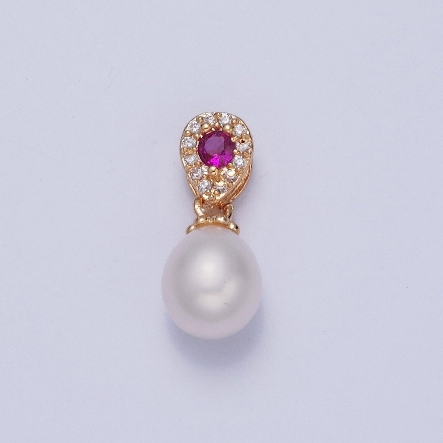 Dainty Round Pearl Elegant Magenta Teardrop Design Micro Pave CZ Ball Charm for Bracelet Necklace Component | H-479