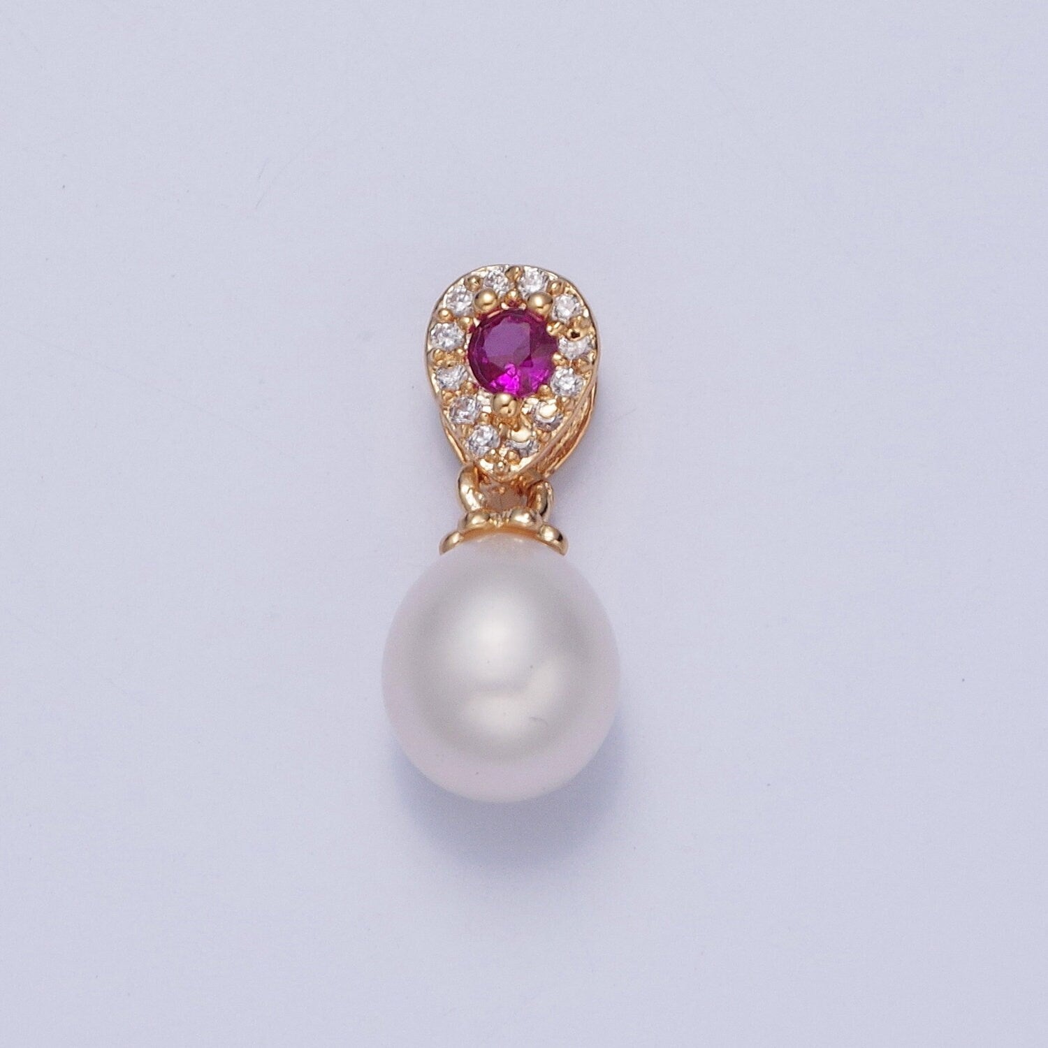 Dainty Round Pearl Elegant Magenta Teardrop Design Micro Pave CZ Ball Charm for Bracelet Necklace Component | H-479