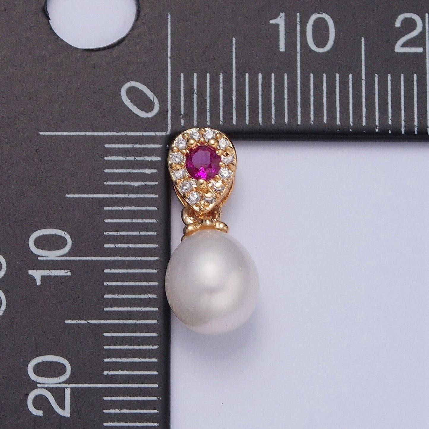 Dainty Round Pearl Elegant Magenta Teardrop Design Micro Pave CZ Ball Charm for Bracelet Necklace Component | H-479