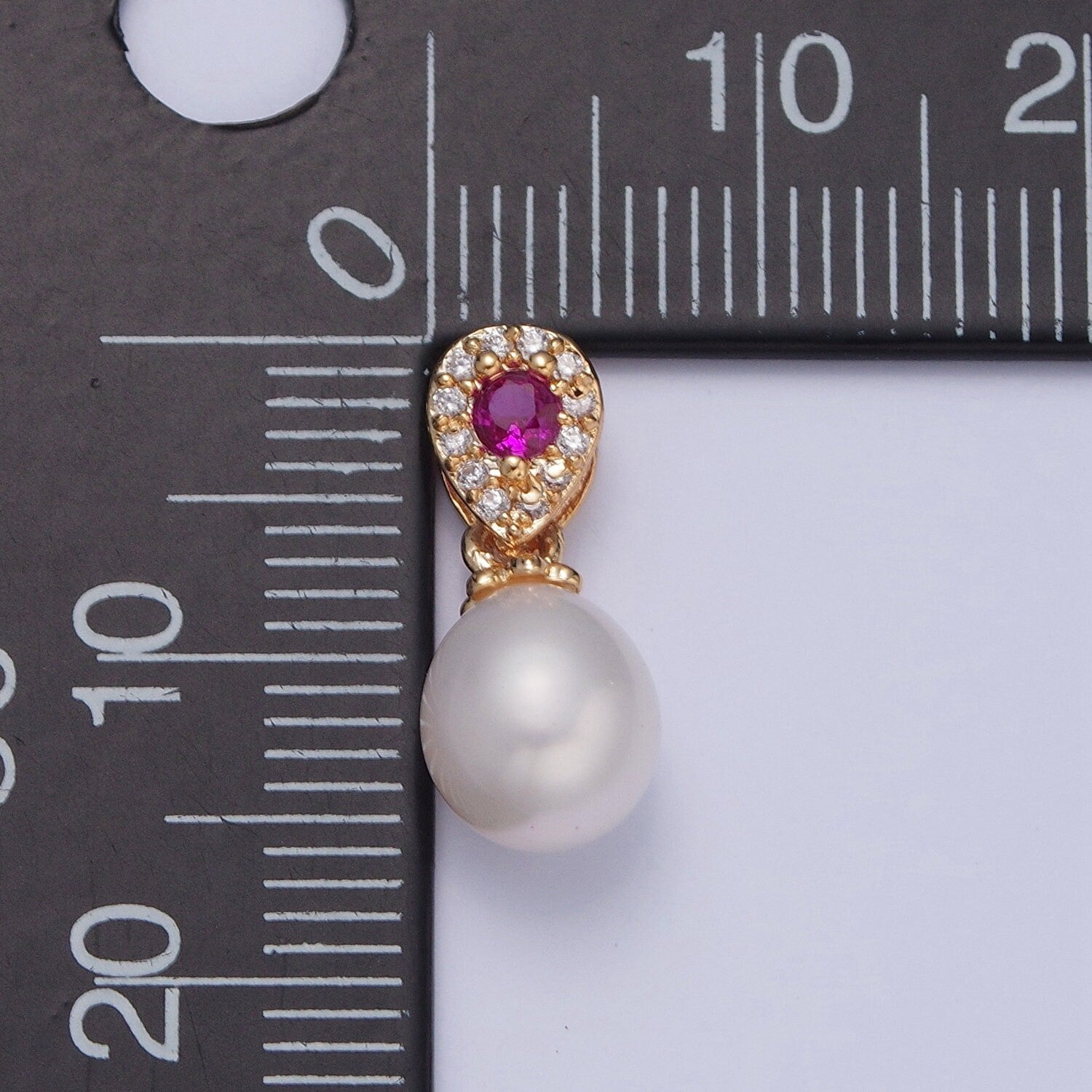 Dainty Round Pearl Elegant Magenta Teardrop Design Micro Pave CZ Ball Charm for Bracelet Necklace Component | H-479