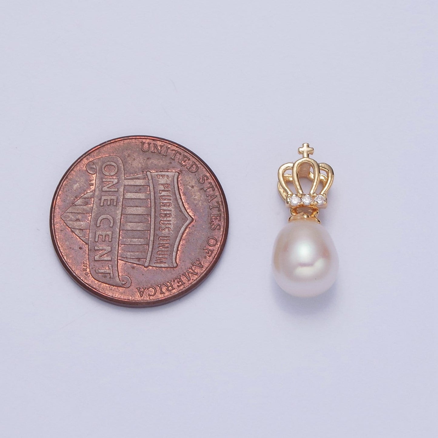 Dainty Round Pearl Elegant Royal Crown w. Mini Cross Design Micro Pave CZ Ball Pendant for Bracelet Necklace Component | H-535
