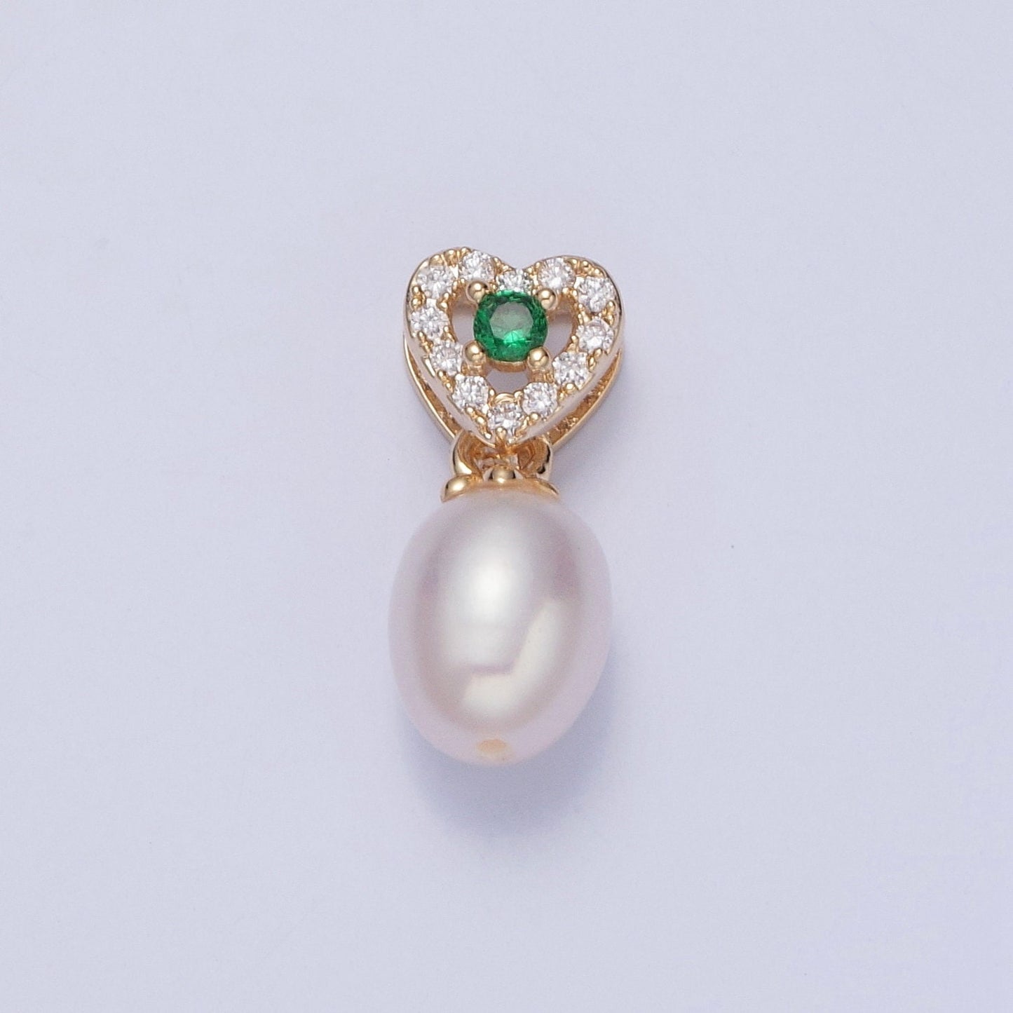 Dainty Round Pearl Elegant Heart w. Emerald Green CZ Eye Design Micro Pave Clear CZ Ball Pendant for Bracelet Necklace Component | H-536