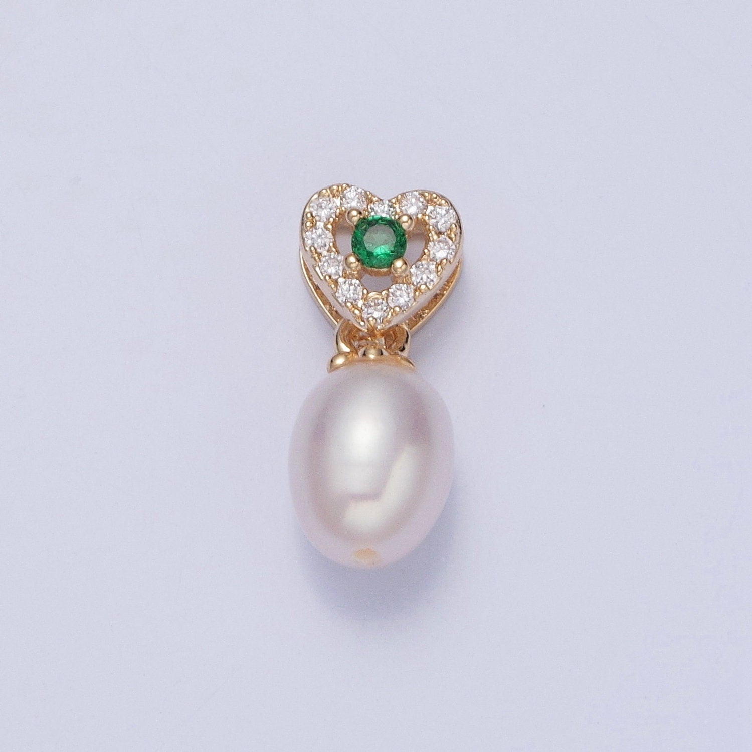 Dainty Round Pearl Elegant Heart w. Emerald Green CZ Eye Design Micro Pave Clear CZ Ball Pendant for Bracelet Necklace Component | H-536
