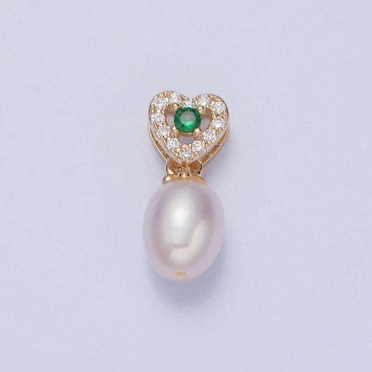 Dainty Round Pearl Elegant Heart w. Emerald Green CZ Eye Design Micro Pave Clear CZ Ball Pendant for Bracelet Necklace Component | H-536