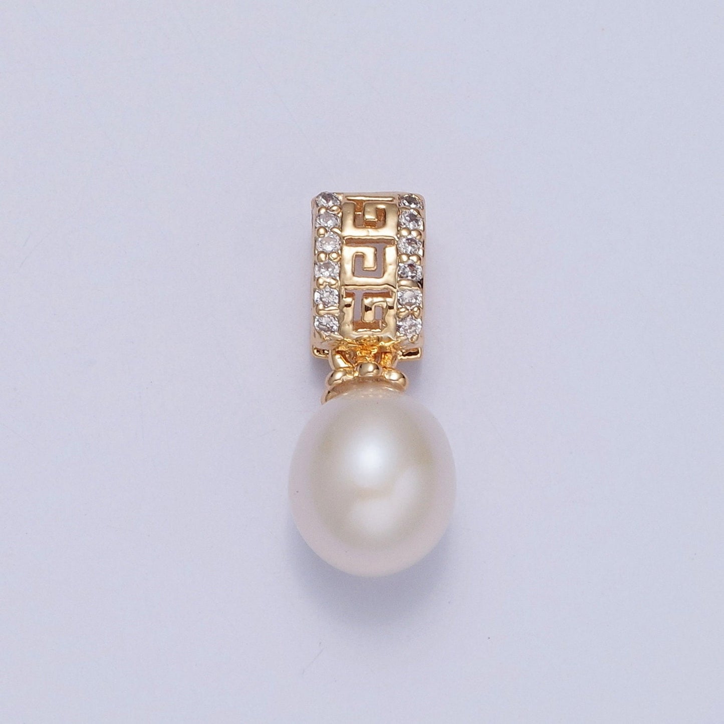 Dainty Round Pearl Greek Key CZ Design Micro Pave Clear CZ Ball Pendant for Bracelet Necklace Component | H-671