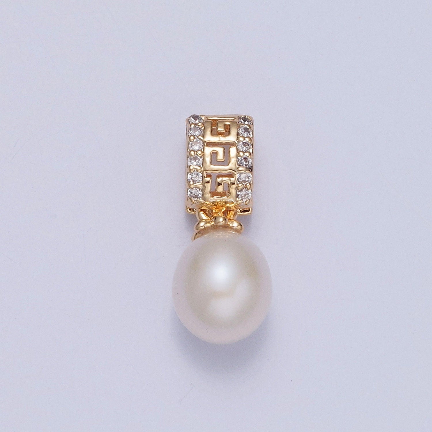 Dainty Round Pearl Greek Key CZ Design Micro Pave Clear CZ Ball Pendant for Bracelet Necklace Component | H-671