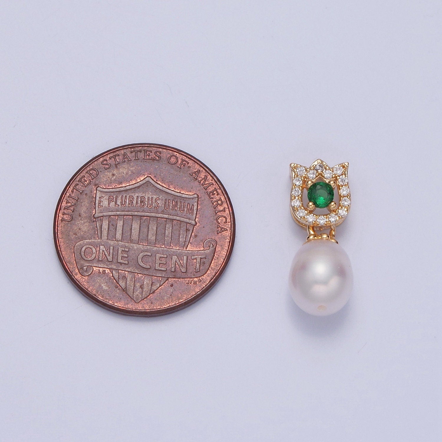 Dainty Round Pearl Tulip with Emerald Green CZ Eye Design Micro Pave Clear CZ Ball Pendant for Bracelet Necklace Component | H-679