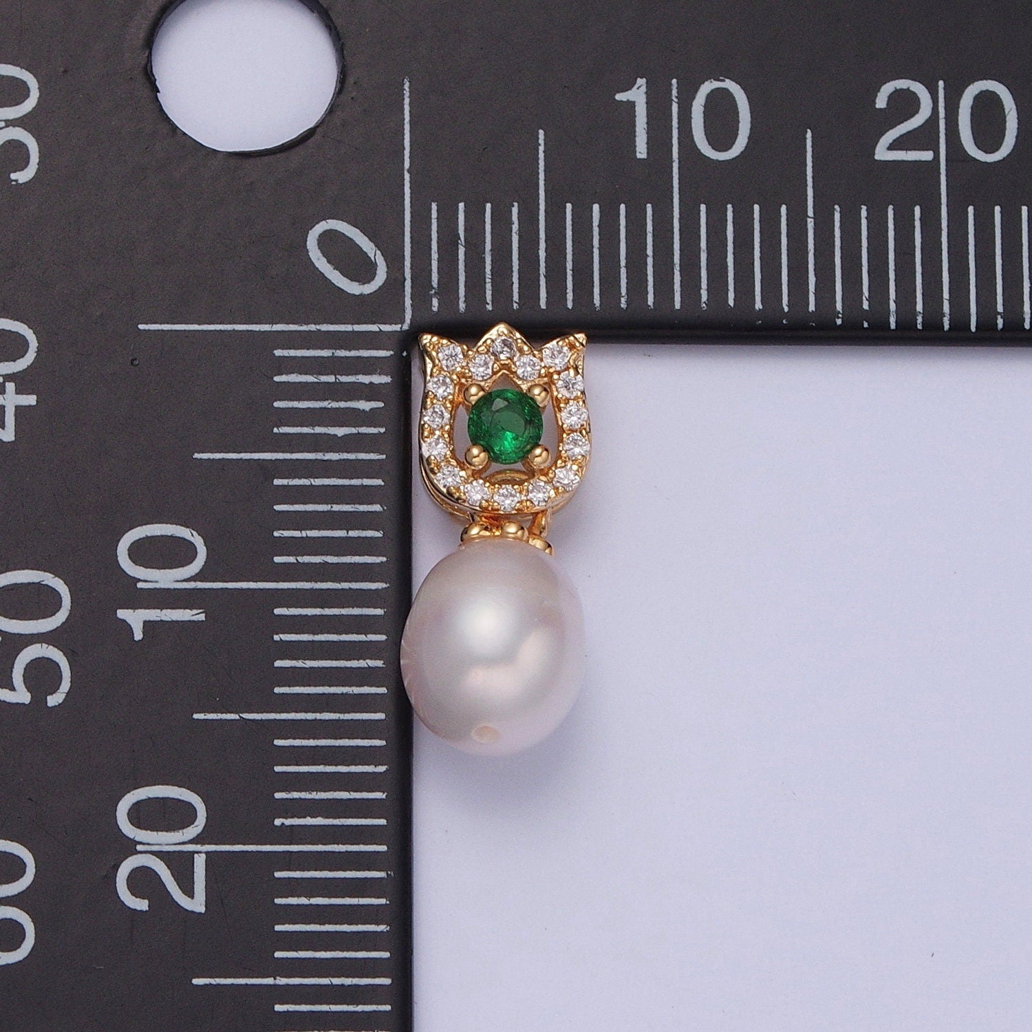 Dainty Round Pearl Tulip with Emerald Green CZ Eye Design Micro Pave Clear CZ Ball Pendant for Bracelet Necklace Component | H-679