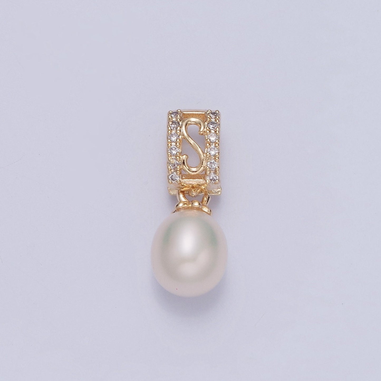 Dainty Round Pearl Initial Letter 'S' CZ Design Micro Pave Clear CZ Ball Pendant for Bracelet Necklace Component | H-682