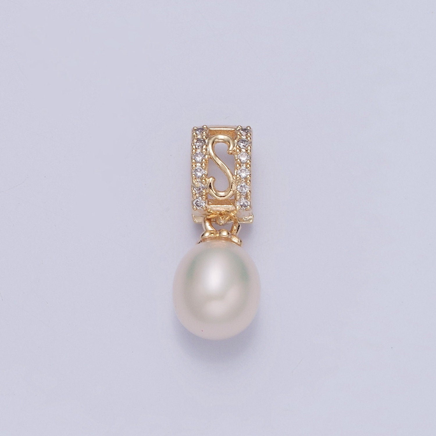 Dainty Round Pearl Initial Letter 'S' CZ Design Micro Pave Clear CZ Ball Pendant for Bracelet Necklace Component | H-682
