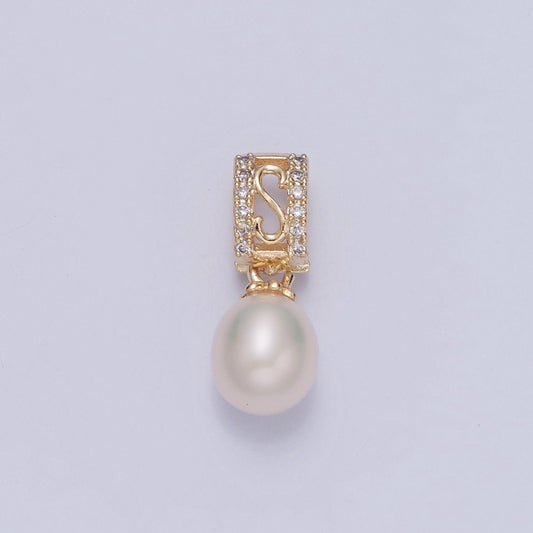 Dainty Round Pearl Initial Letter 'S' CZ Design Micro Pave Clear CZ Ball Pendant for Bracelet Necklace Component | H-682