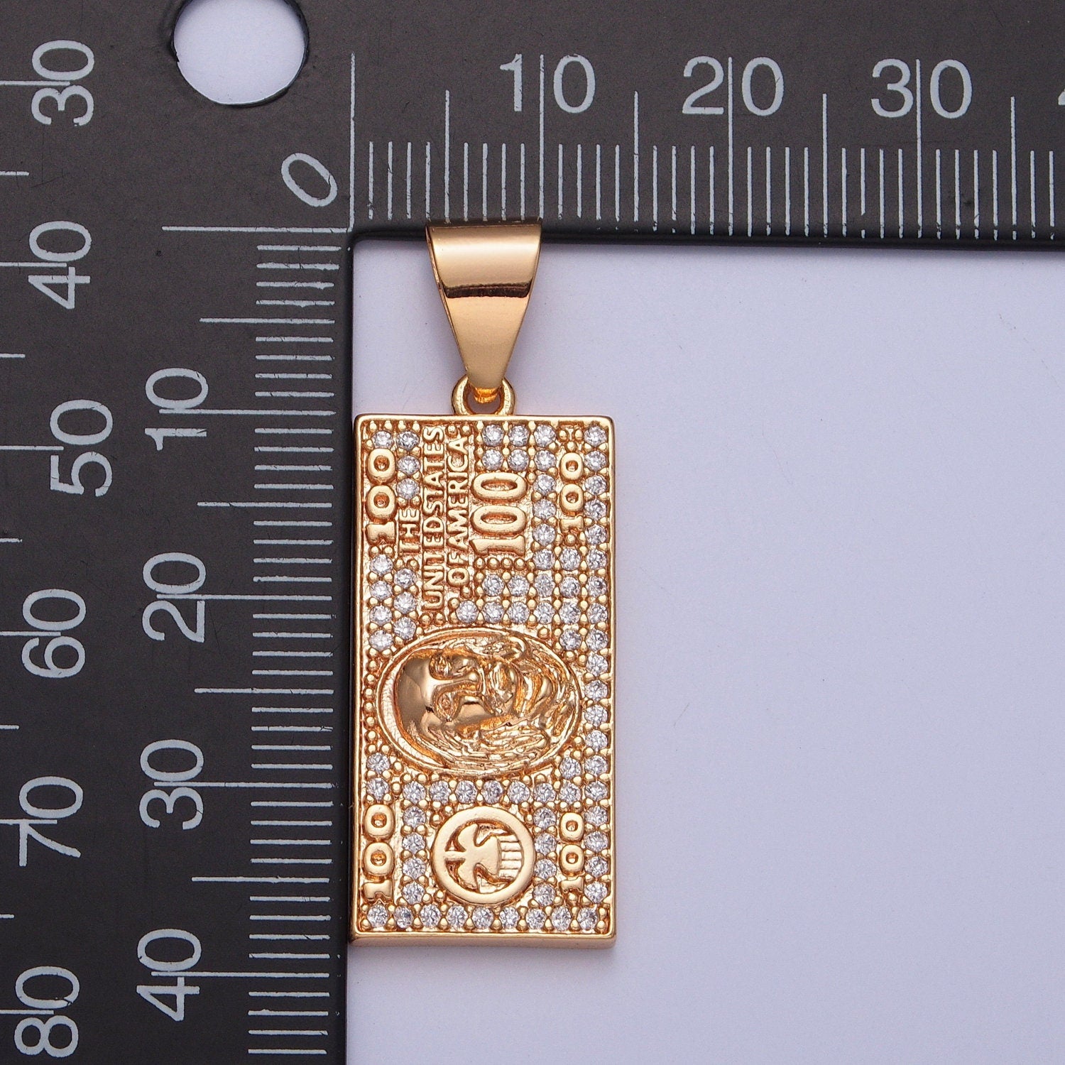 18K Gold Plated 100 US Dollars Rectangular Tag Pendant, United States of America Dollar Bill Charm | J-490