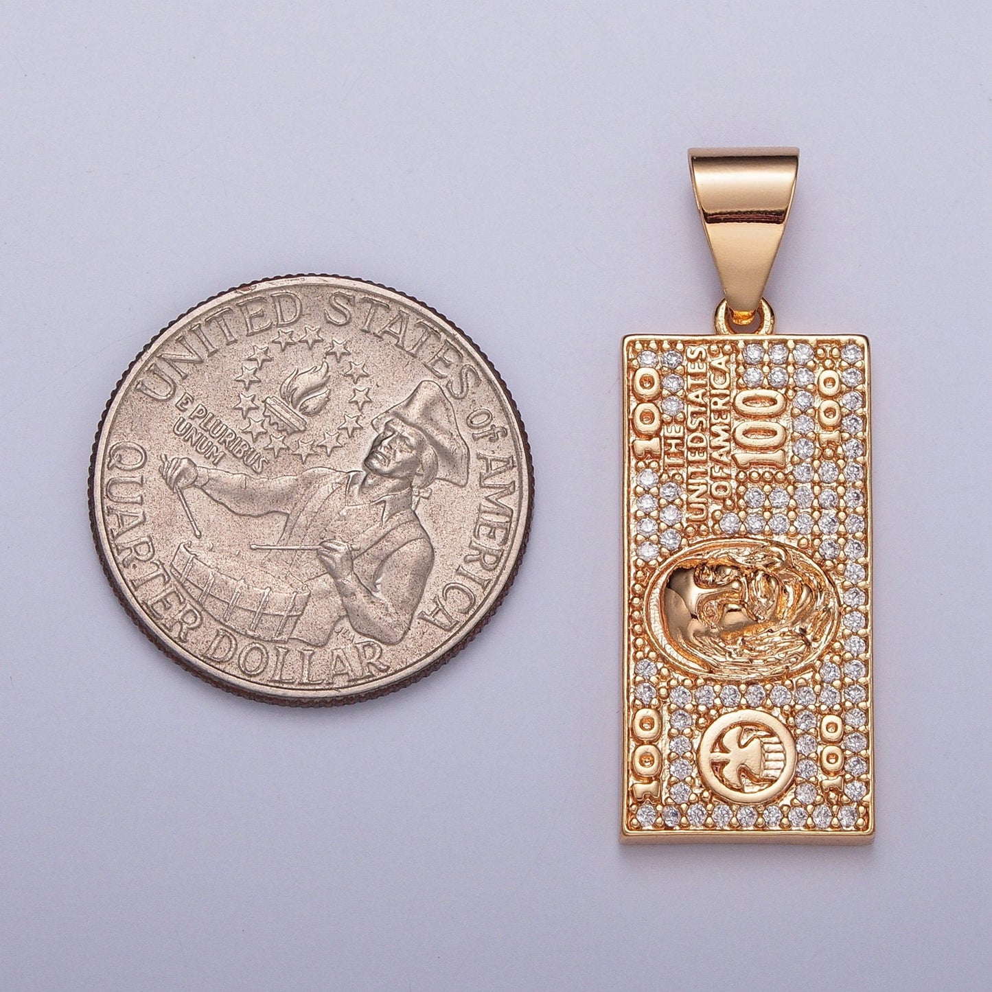 18K Gold Plated 100 US Dollars Rectangular Tag Pendant, United States of America Dollar Bill Charm | J-490
