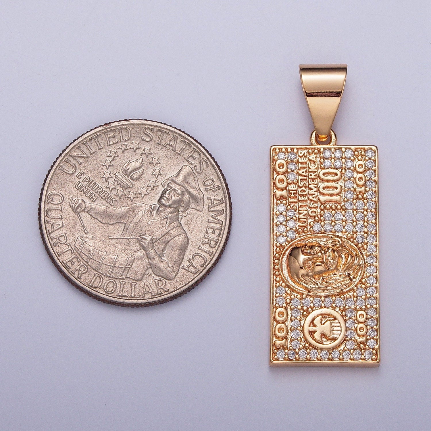 18K Gold Plated 100 US Dollars Rectangular Tag Pendant, United States of America Dollar Bill Charm | J-490