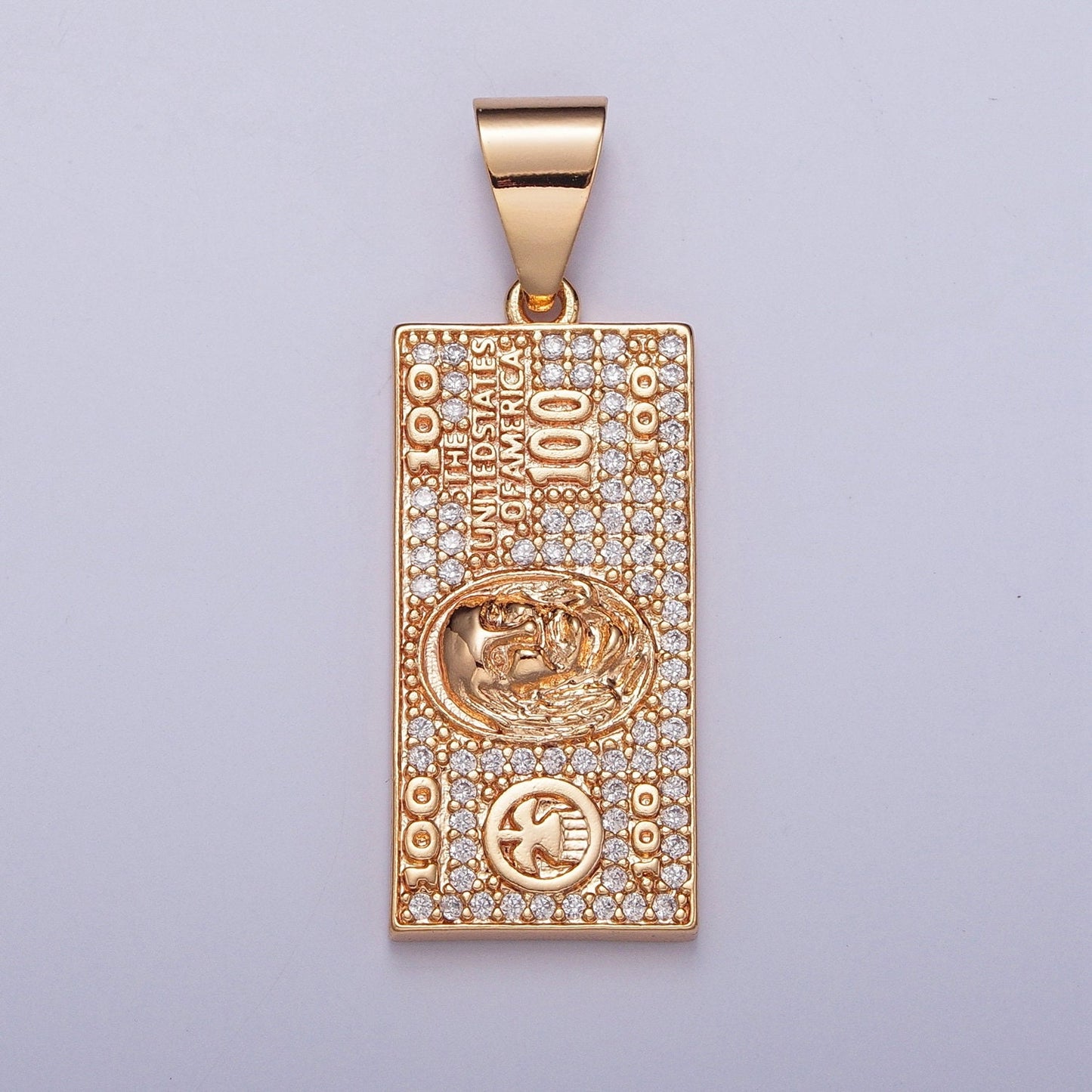 18K Gold Plated 100 US Dollars Rectangular Tag Pendant, United States of America Dollar Bill Charm | J-490