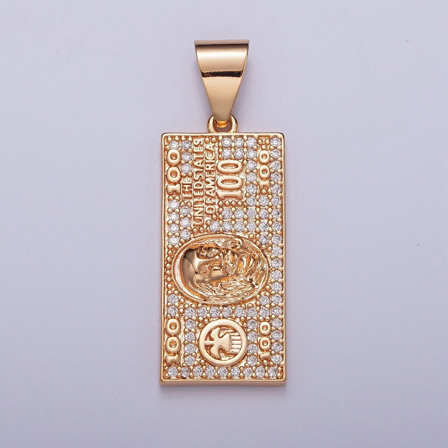 18K Gold Plated 100 US Dollars Rectangular Tag Pendant, United States of America Dollar Bill Charm | J-490