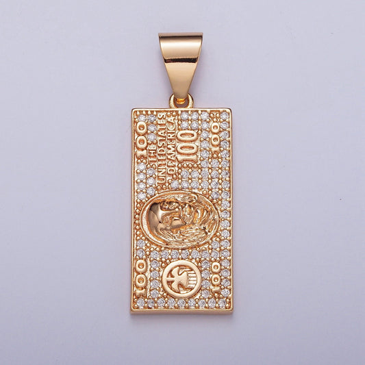 18K Gold Plated 100 US Dollars Rectangular Tag Pendant, United States of America Dollar Bill Charm | J-490