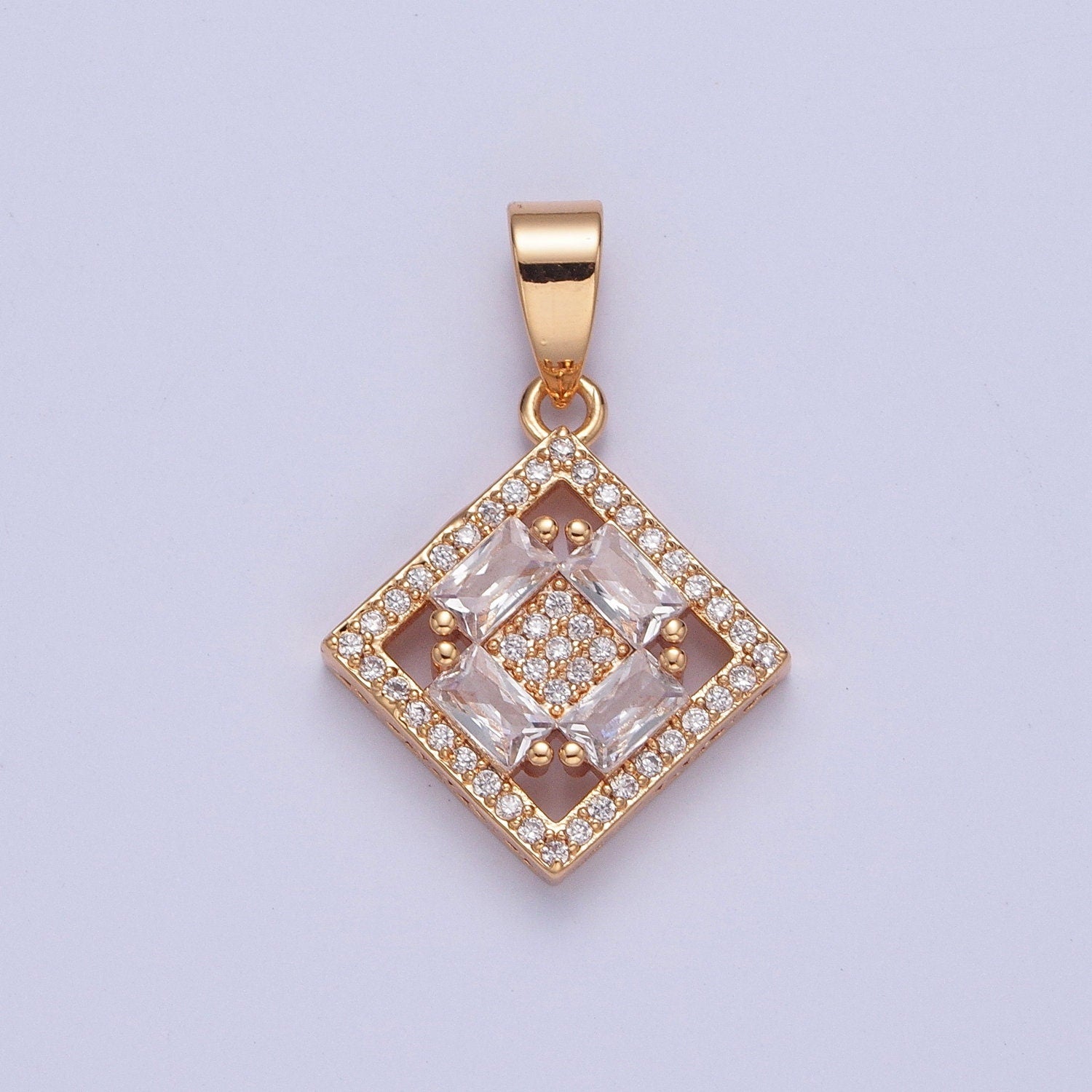 18K Gold Plated Rhombus Diamond Micro Pave CZ Baguette Stones Pendant, Dainty Micro Pave Diamond Charm for Necklace Bracelet Earring | X-352
