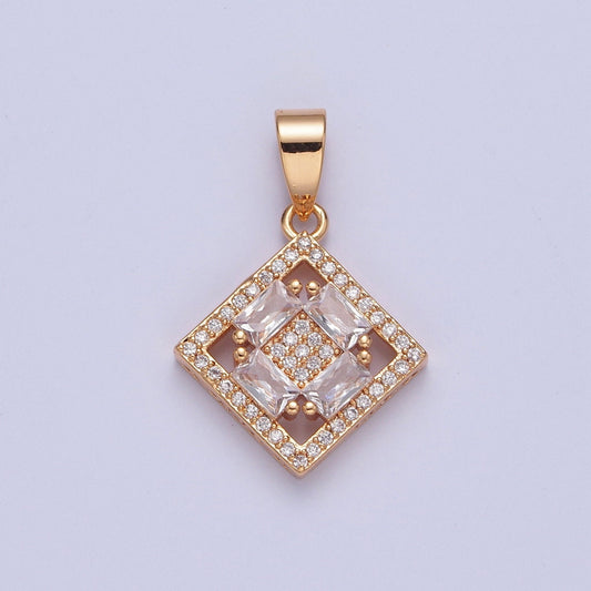 18K Gold Plated Rhombus Diamond Micro Pave CZ Baguette Stones Pendant, Dainty Micro Pave Diamond Charm for Necklace Bracelet Earring | X-352