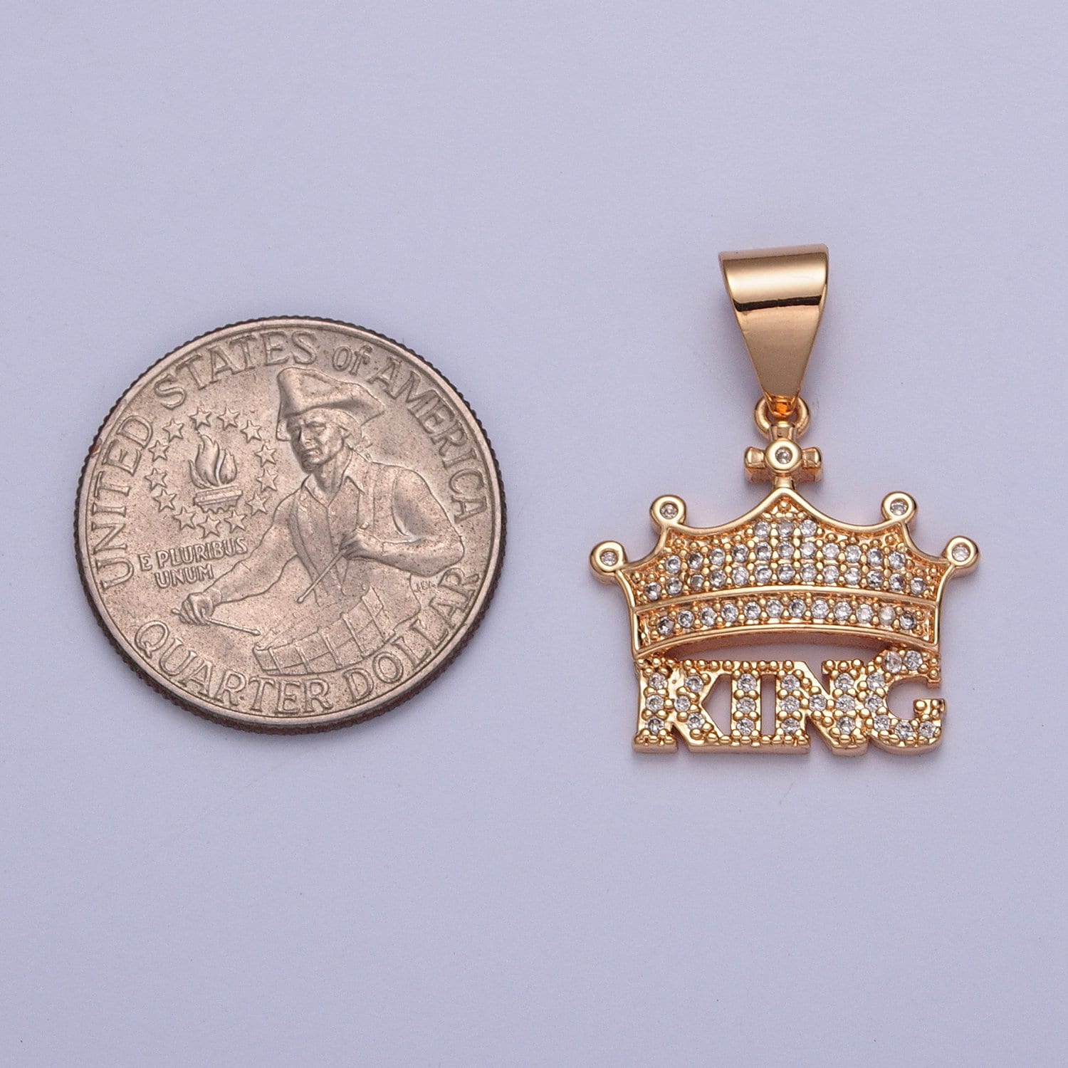 18K Gold Plated Royal Tiny Cross Crown "King" Lettering Micro Pave Cubic Zirconia CZ Stones Pendant, King Queen Crown Design Charm | X-353