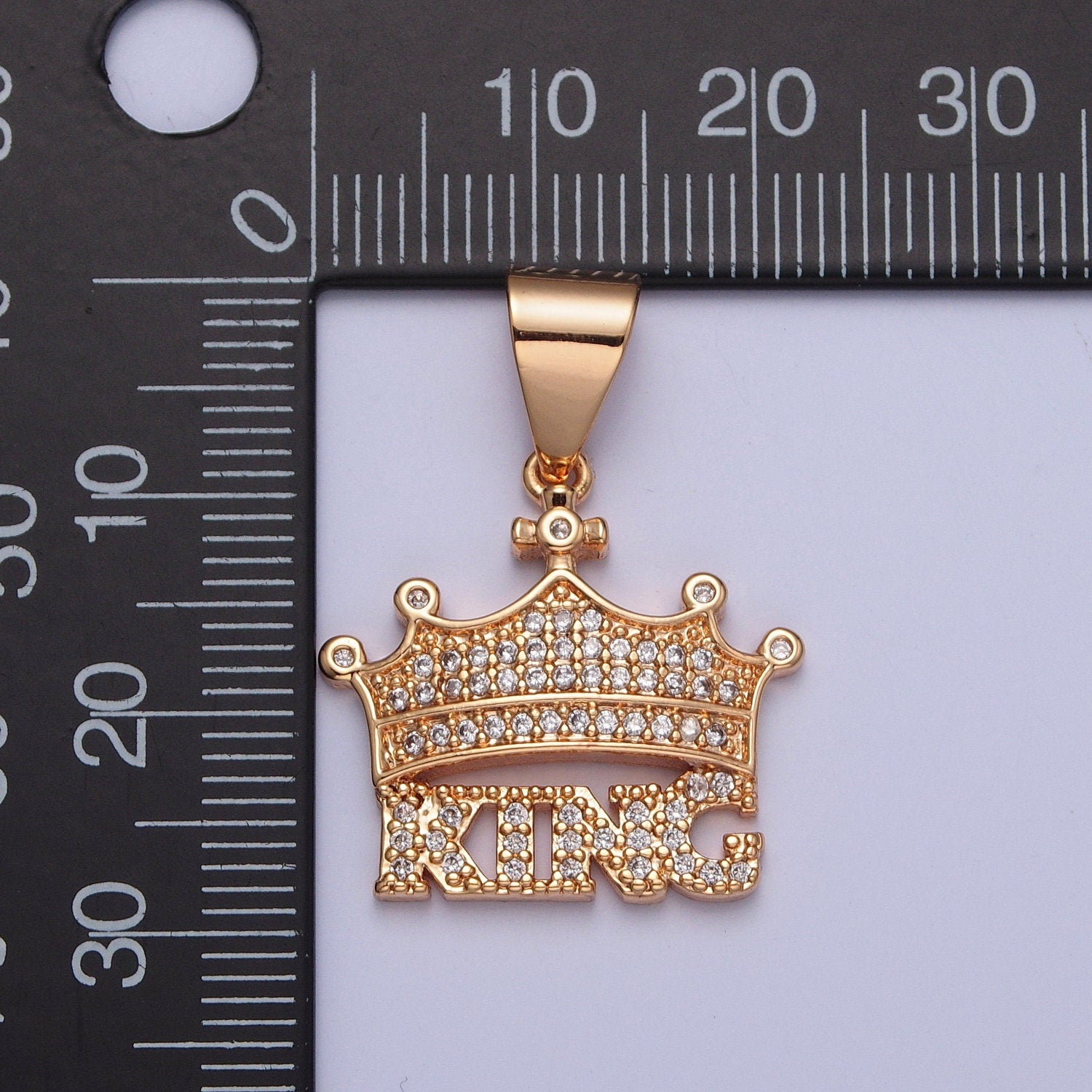 18K Gold Plated Royal Tiny Cross Crown "King" Lettering Micro Pave Cubic Zirconia CZ Stones Pendant, King Queen Crown Design Charm | X-353
