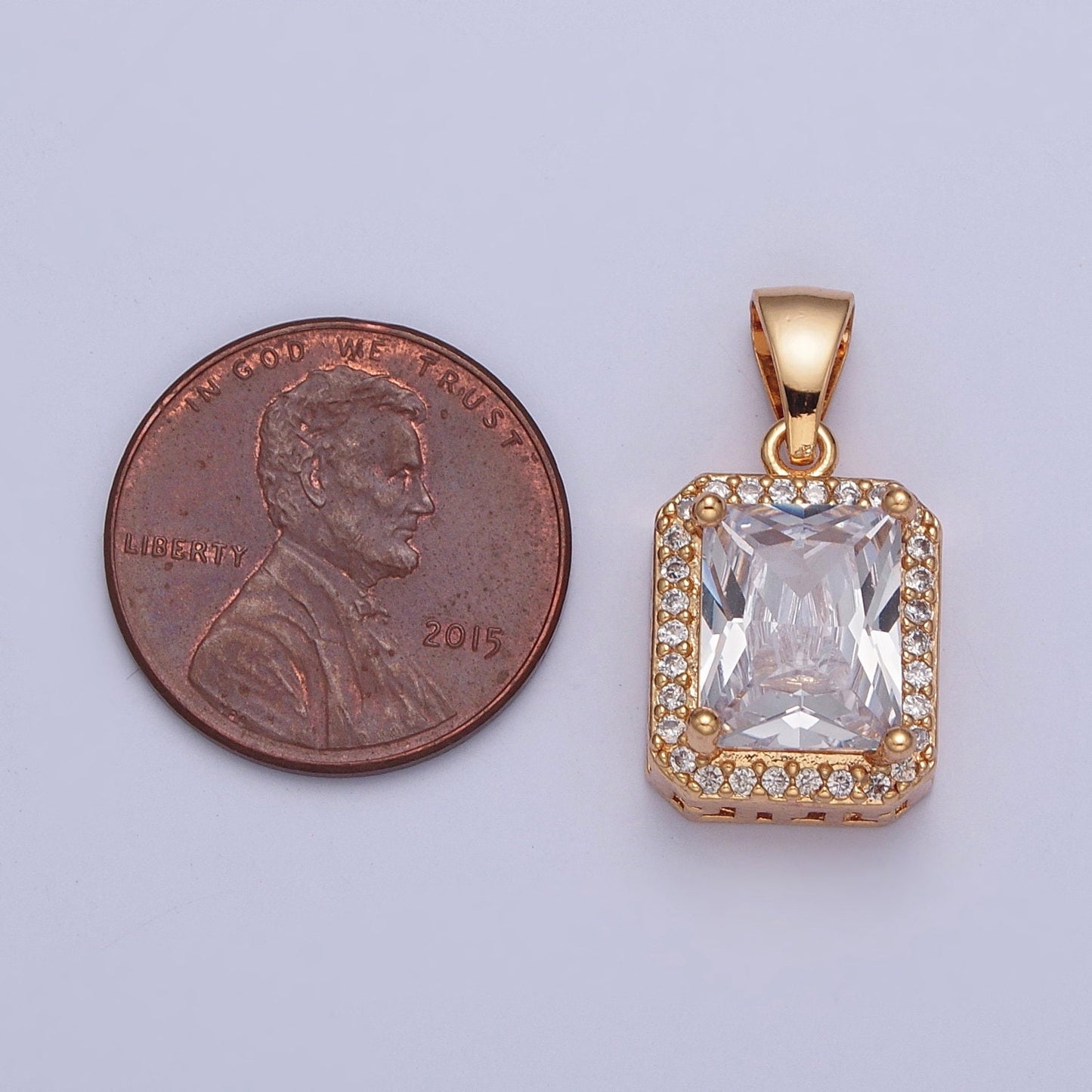 Dainty 18K Gold Plated Crystal Clear Cubic Zirconia Micro Pave CZ Stone Rectangular Pendant, Gold Charm For Bracelet Necklace Supply | X-357