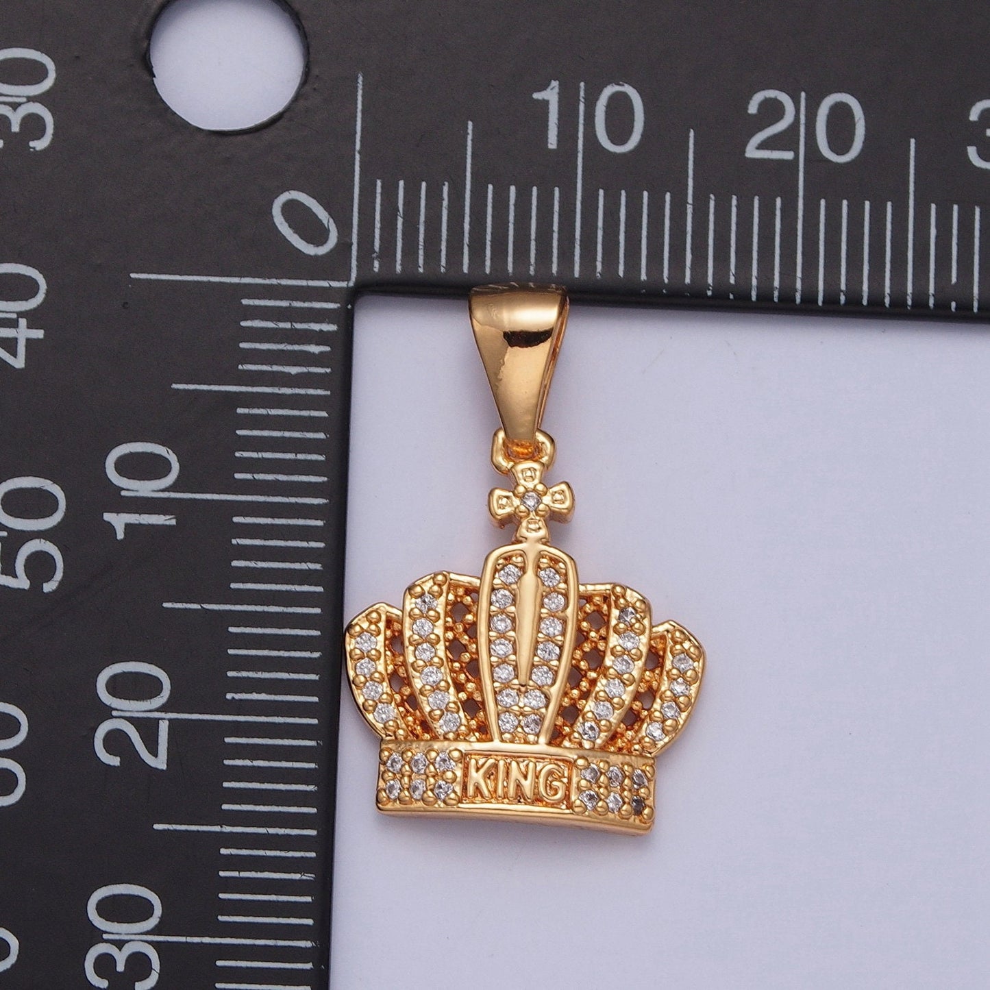 18K Gold Plated Royal Tiny Cross Emperor Viscount Crown "King" Lettering Micro Pave CZ Stones Pendant, King Crown Design Charm | X-366