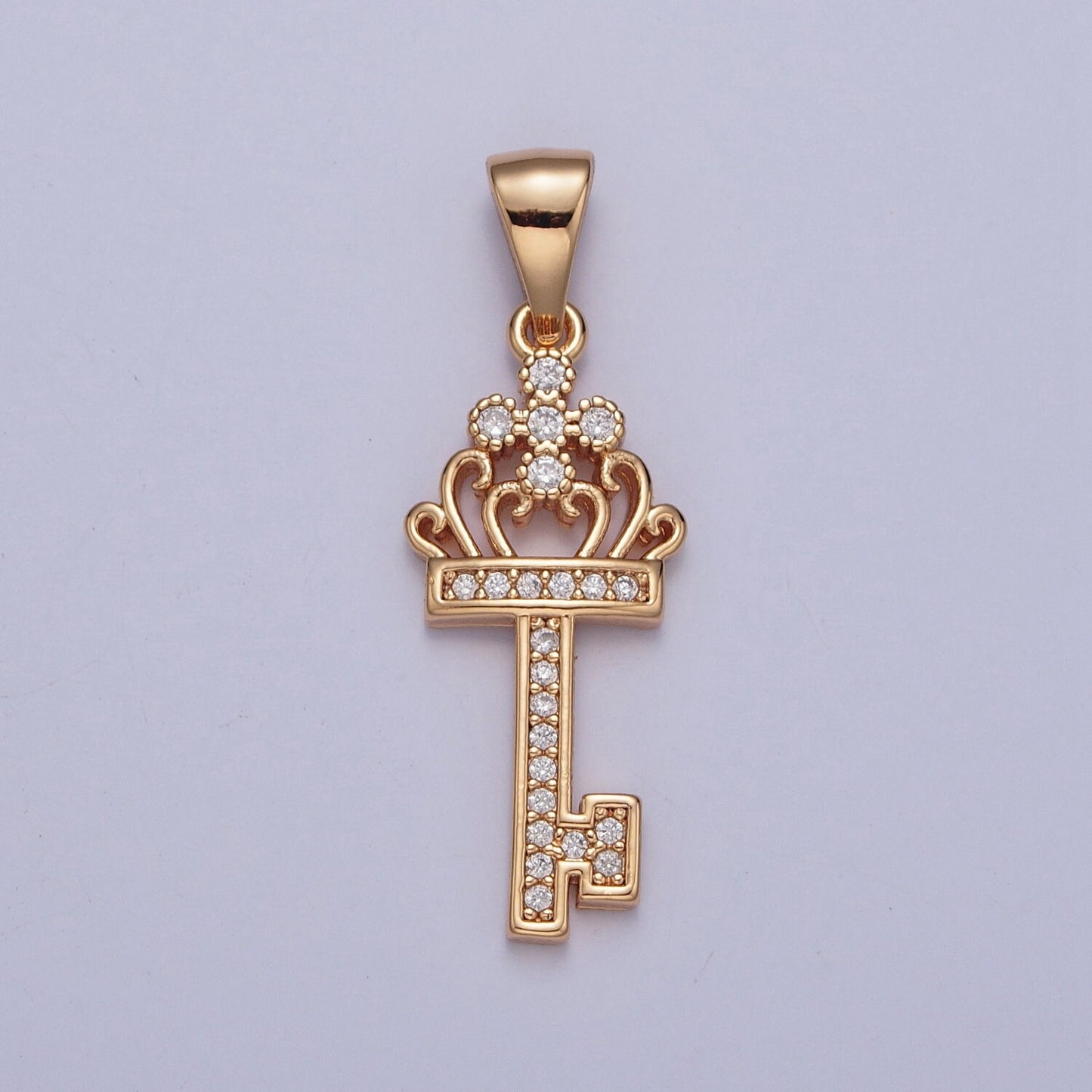 18K Gold Sovereign Royal Crown w. Cross Micro Pave CZ Key Pendant Charm For Jewelry Necklace Making | X-372