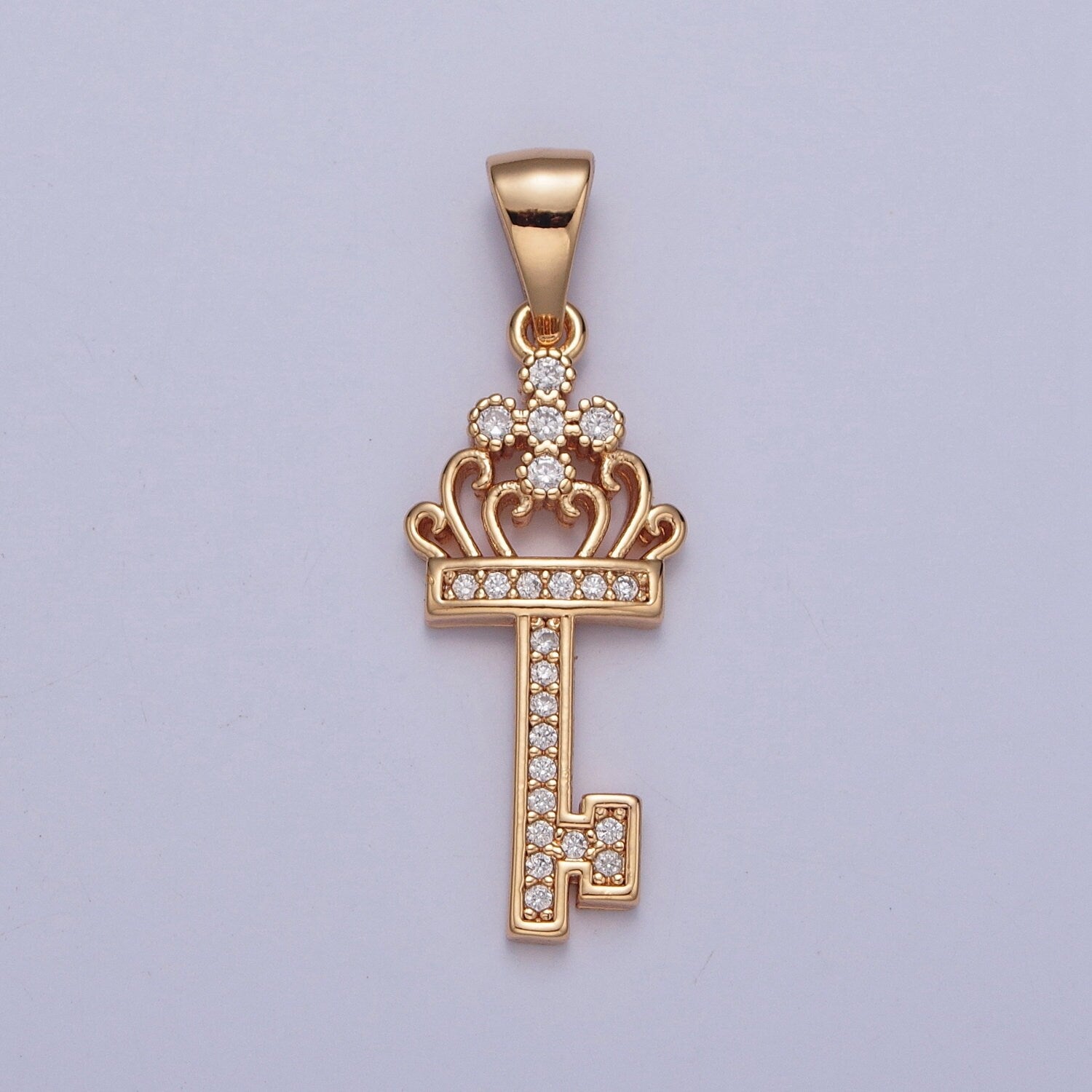 18K Gold Sovereign Royal Crown w. Cross Micro Pave CZ Key Pendant Charm For Jewelry Necklace Making | X-372