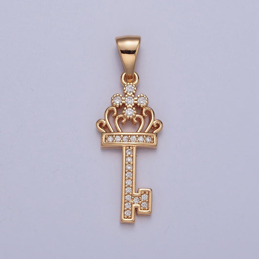 18K Gold Sovereign Royal Crown w. Cross Micro Pave CZ Key Pendant Charm For Jewelry Necklace Making | X-372