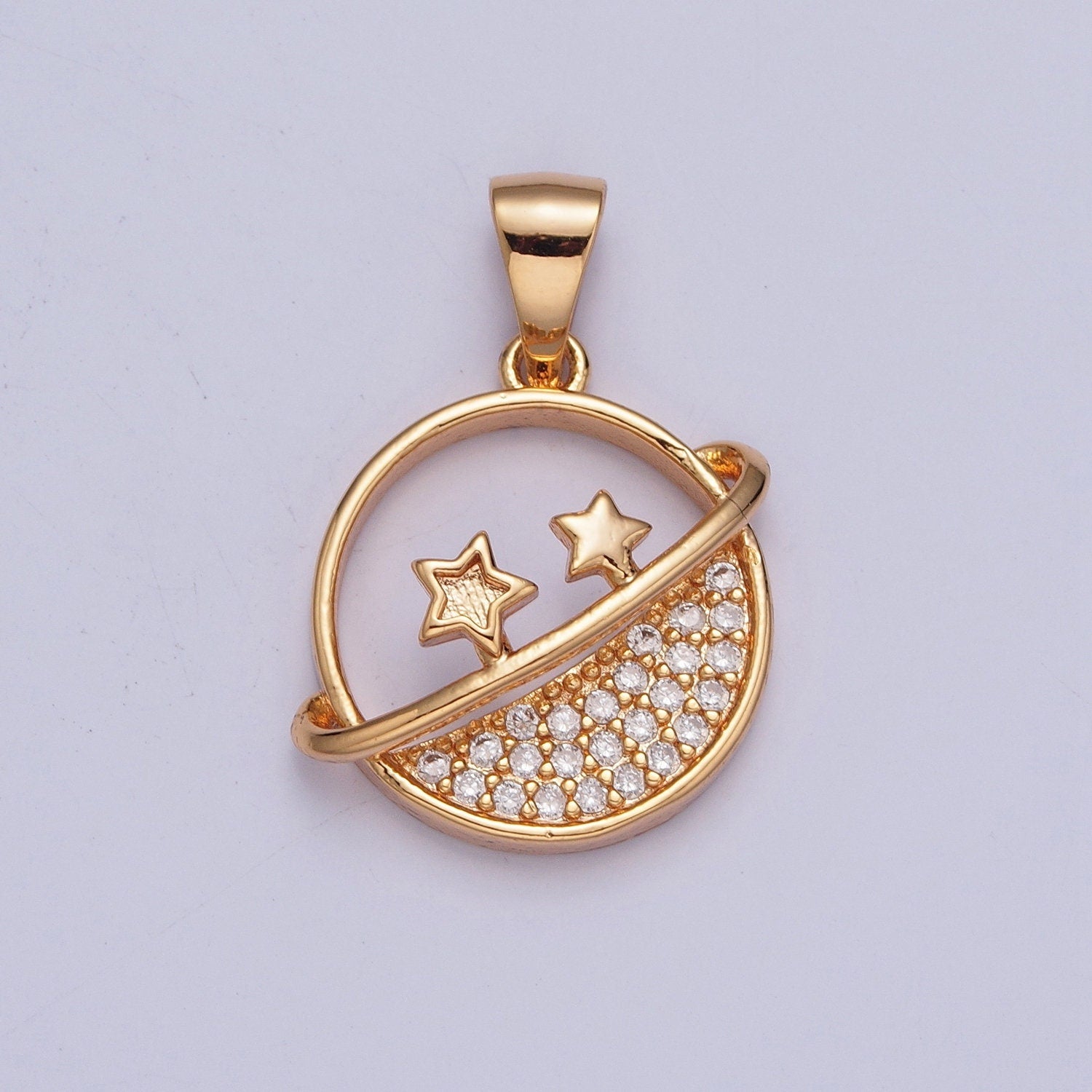Dainty Round Planet Stars Micro CZ Pave Stone Pendant | DIY Charm Add on Necklace Bracelet Earring | X-373