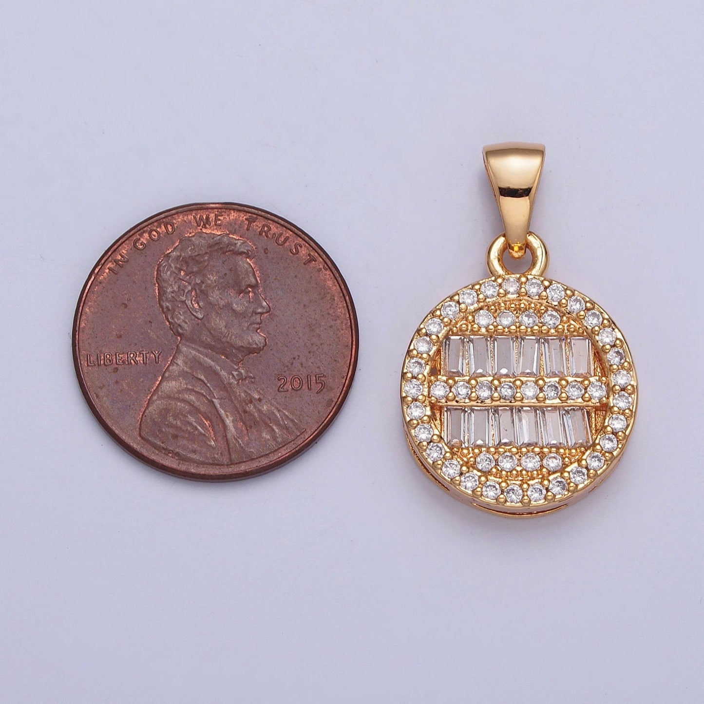 18K Gold Theta Round Micro Pave CZ Baguette Stones Pendant, Round Statement Charm for Necklace | X-375