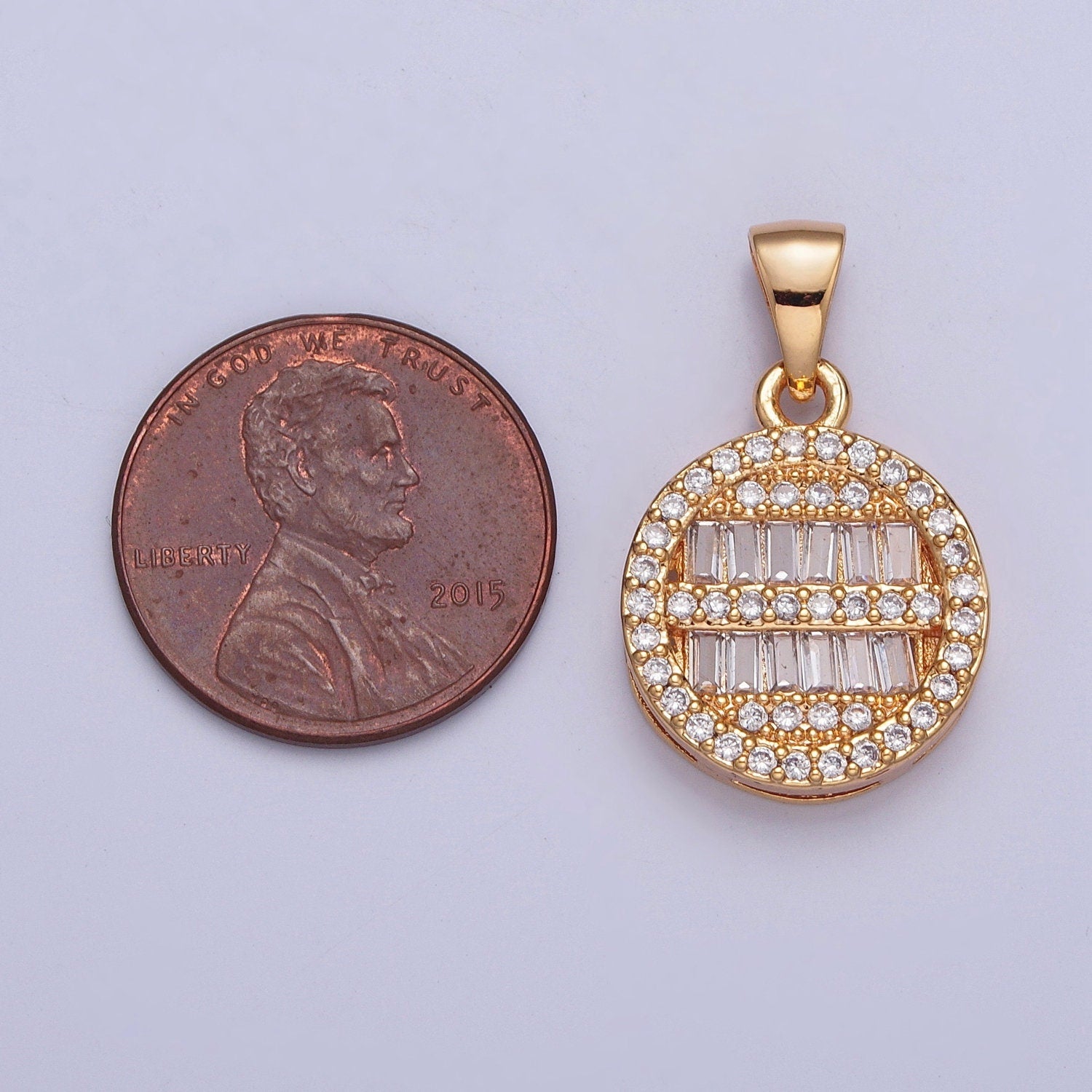 18K Gold Theta Round Micro Pave CZ Baguette Stones Pendant, Round Statement Charm for Necklace | X-375