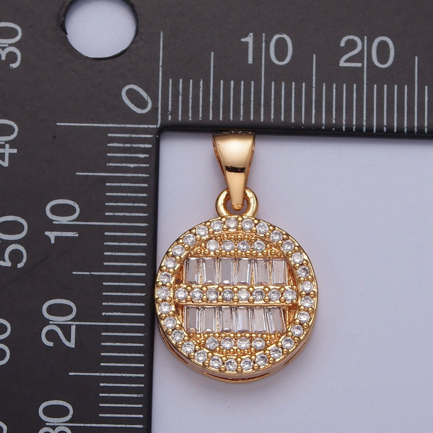 18K Gold Theta Round Micro Pave CZ Baguette Stones Pendant, Round Statement Charm for Necklace | X-375
