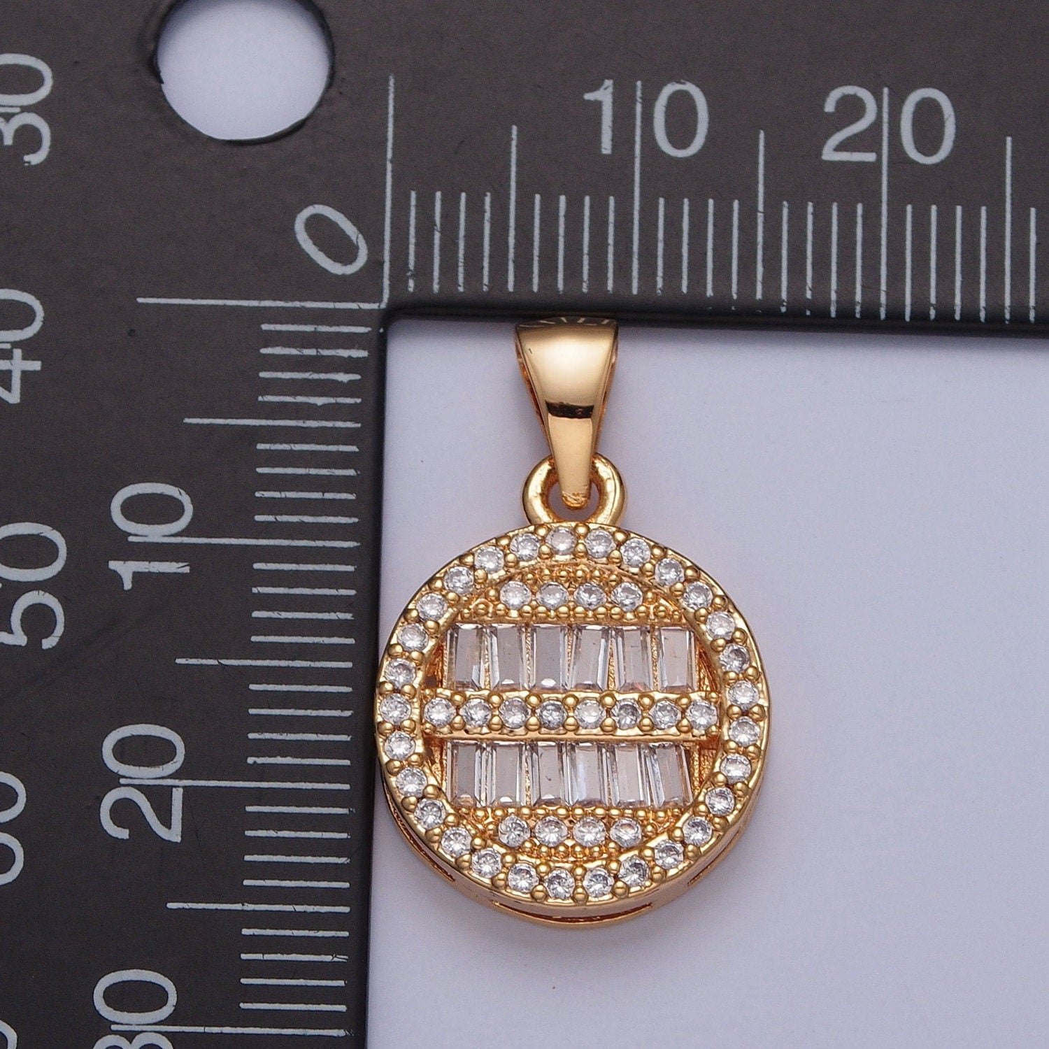 18K Gold Theta Round Micro Pave CZ Baguette Stones Pendant, Round Statement Charm for Necklace | X-375