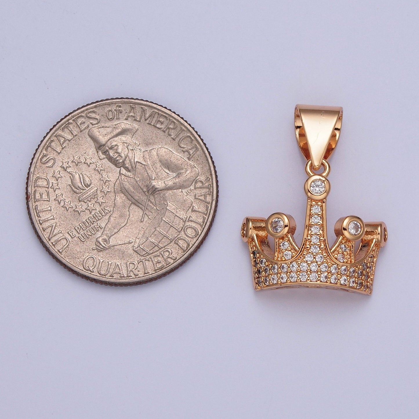 18K Gold Dainty Queen Royal Crown Micro Pave CZ Stones Pendant, King Queen Crown Design Charm | X-379