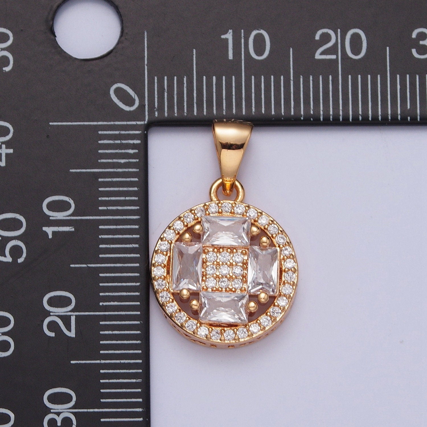 18K Gold Plated Baguette Stone Cross In Micro Pave CZ Pendant Circle Square Beaded Center Pendant, Dainty Micro Pave Charm | X-380
