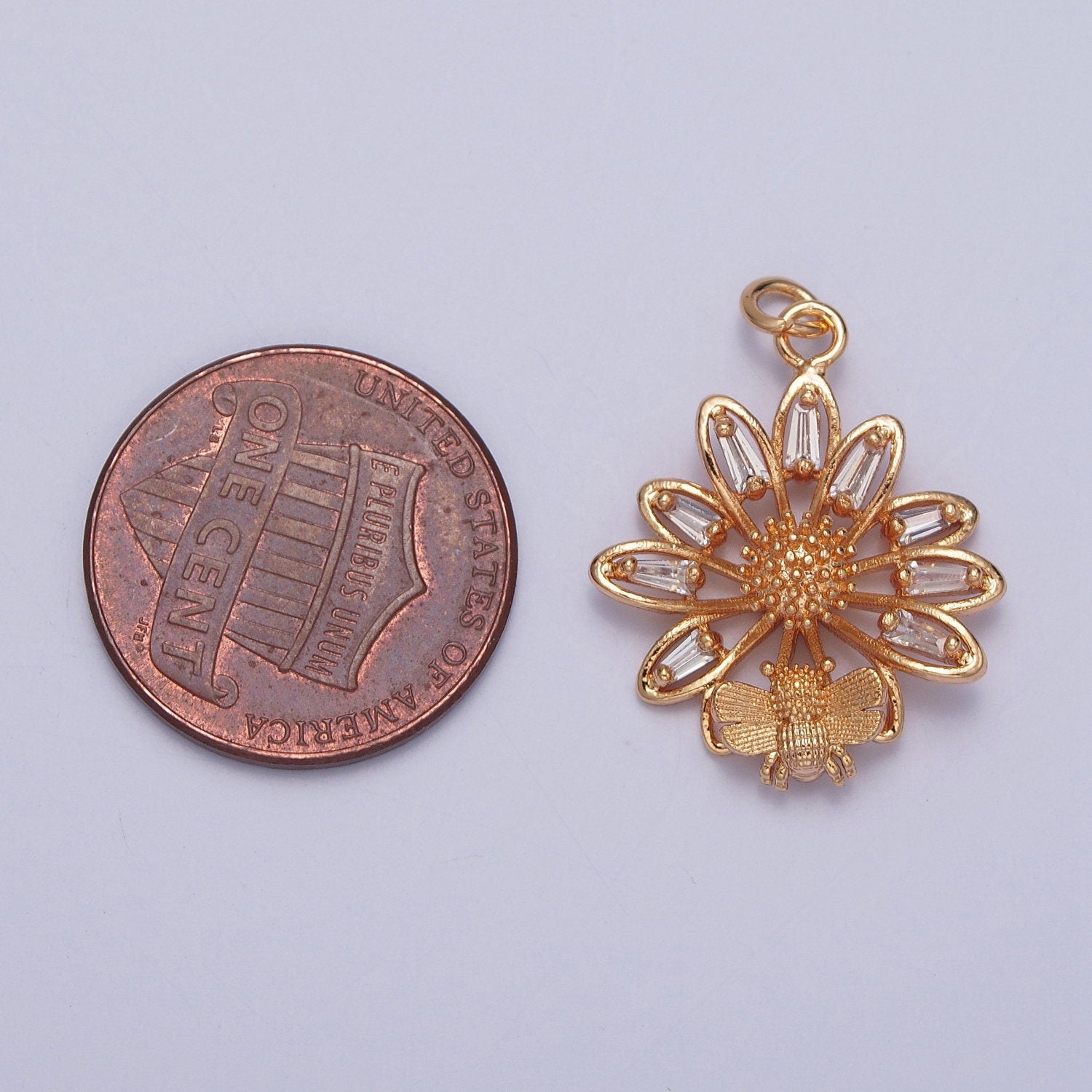 16K Gold Mini Bee on Flower Micro Pave Baguette Stone Beaded Pendant, Summer Sunflower Honeybee Charm for Necklace Earring Bracelet | X-220