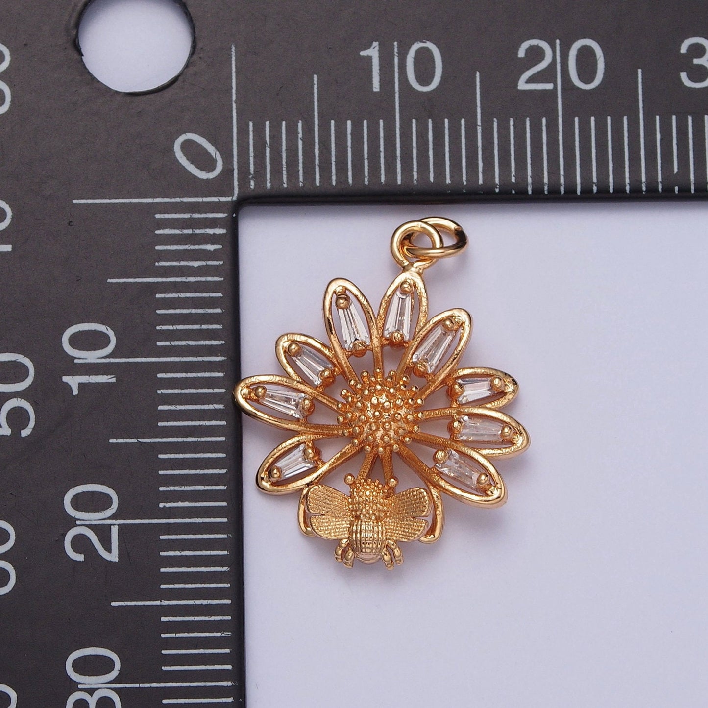 16K Gold Mini Bee on Flower Micro Pave Baguette Stone Beaded Pendant, Summer Sunflower Honeybee Charm for Necklace Earring Bracelet | X-220
