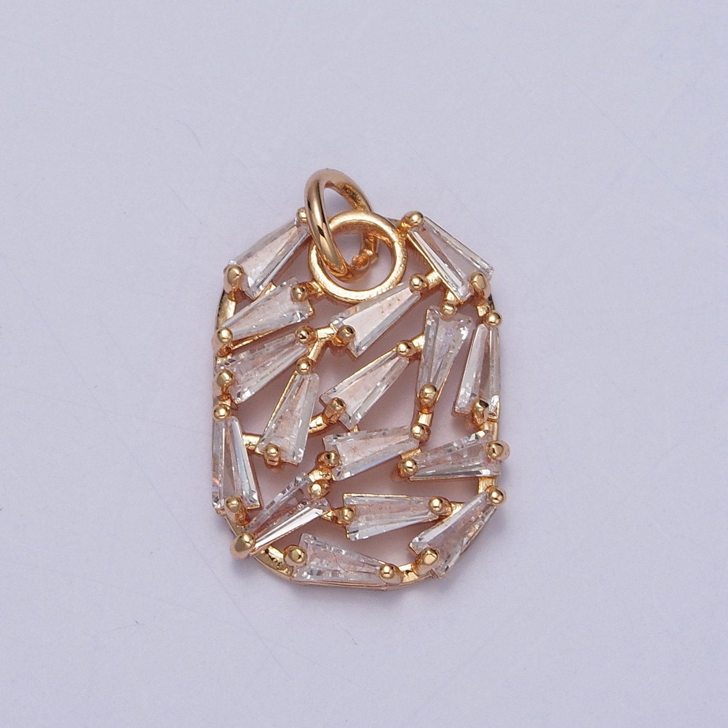16k Gold Pave CZ Baguette Stones Cluster Pendant, Abstract Oval Cluster Cubic Cut Necklace Charm | X-243