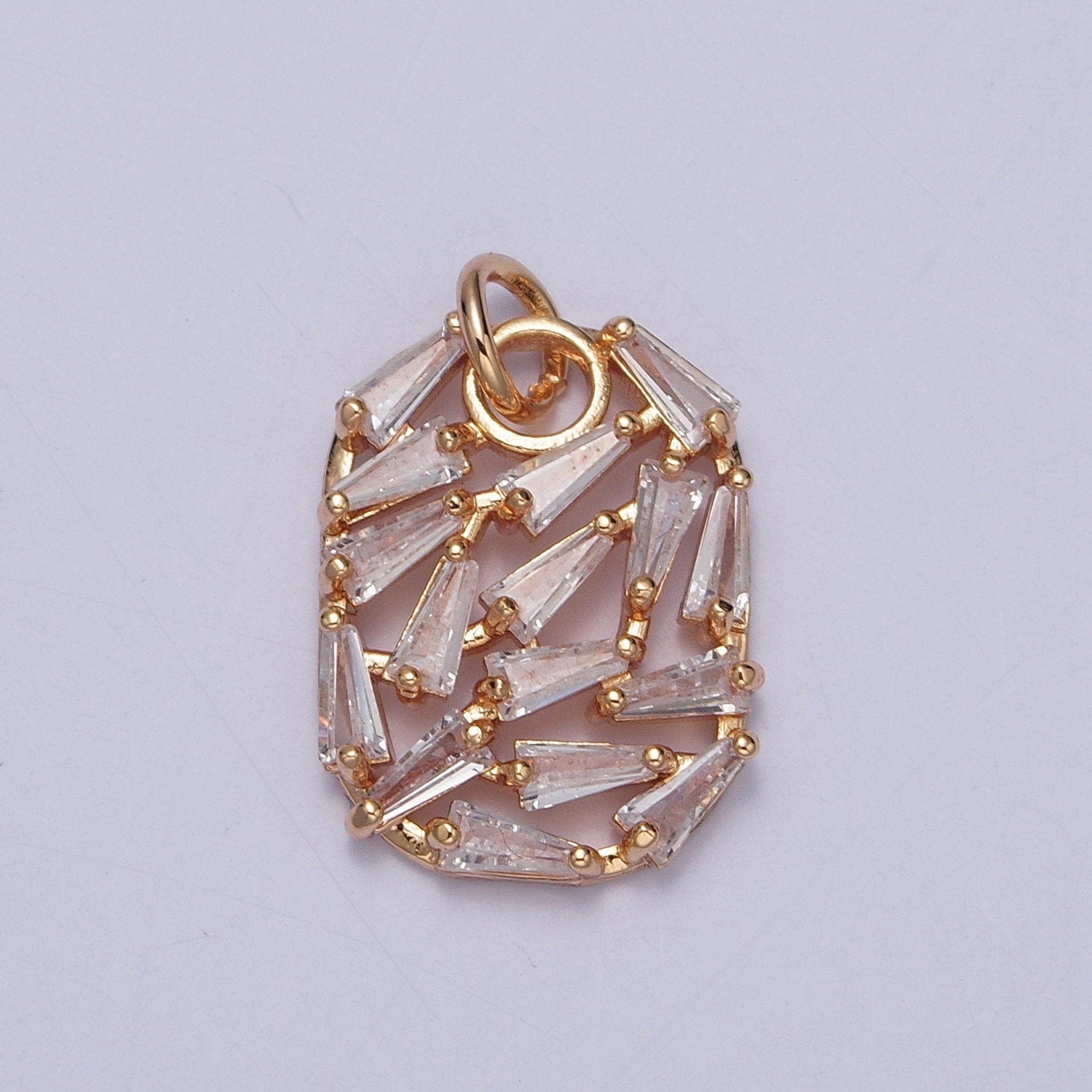 16k Gold Pave CZ Baguette Stones Cluster Pendant, Abstract Oval Cluster Cubic Cut Necklace Charm | X-243