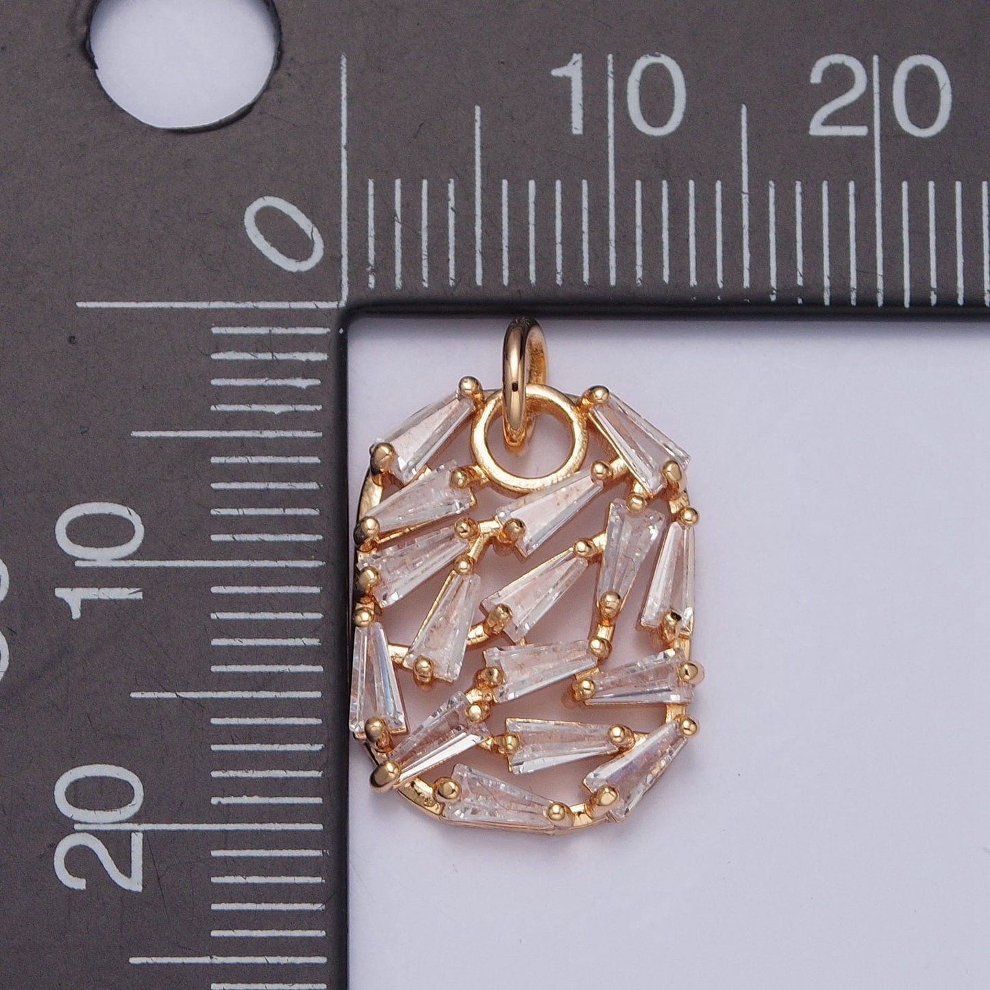 16k Gold Pave CZ Baguette Stones Cluster Pendant, Abstract Oval Cluster Cubic Cut Necklace Charm | X-243